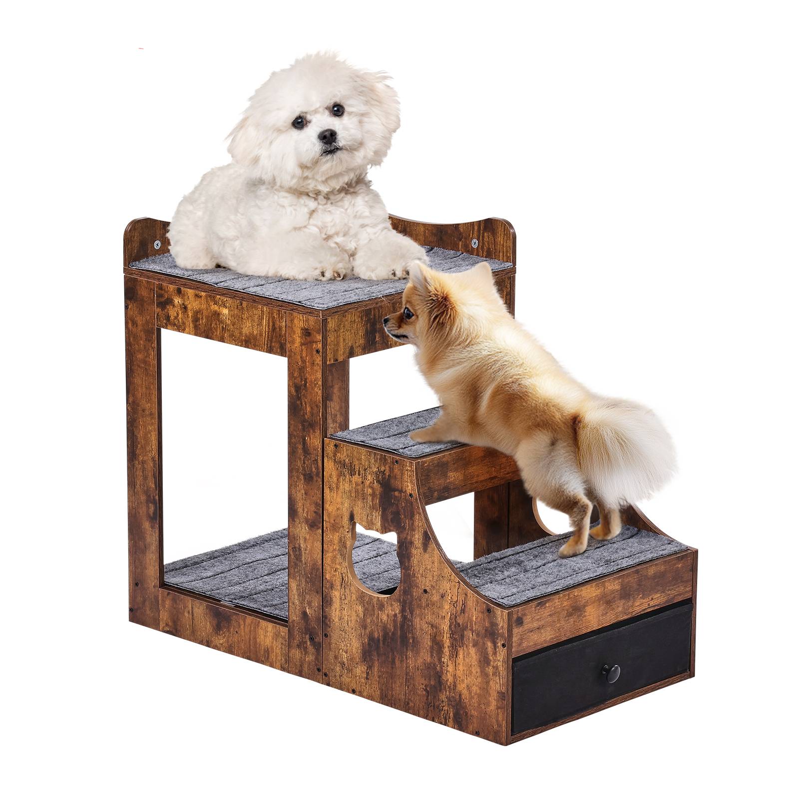 VEVOR Lit superposé pour animaux avec escaliers amovibles, perchoir fenêtre et rangement, marron rustique pour intérieur.