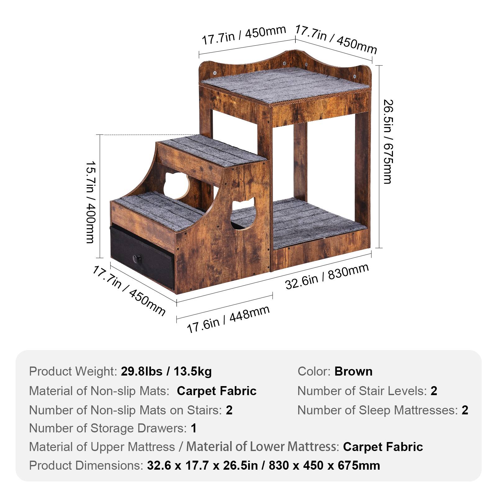 VEVOR Lit superposé pour animaux avec escaliers amovibles, perchoir fenêtre et rangement, marron rustique pour intérieur. - Image 7