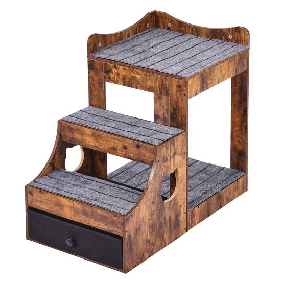 VEVOR Lit superposé pour animaux avec escaliers amovibles, perchoir fenêtre et rangement, marron rustique pour intérieur. - Image 9