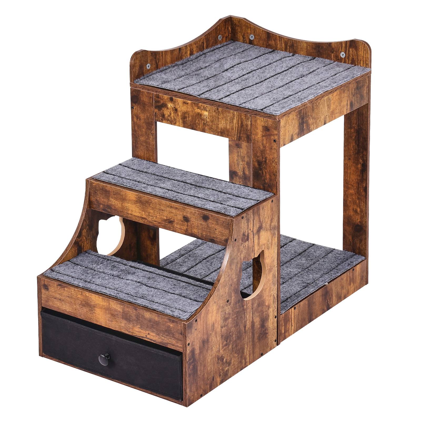 VEVOR Lit superposé pour animaux avec escaliers amovibles, perchoir fenêtre et rangement, marron rustique pour intérieur. - Image 9