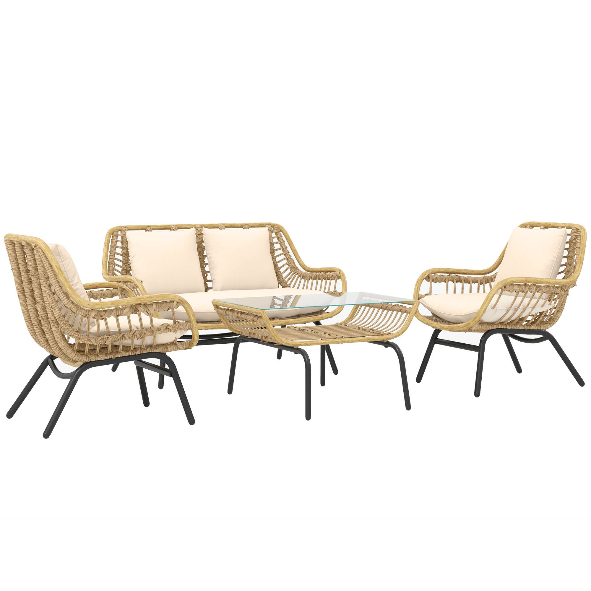 Outsunny - Salon de jardin 4 places 4 pièces style exotique métal résine époxy grand confort coussins polyester beige - Outsunny - Image 1