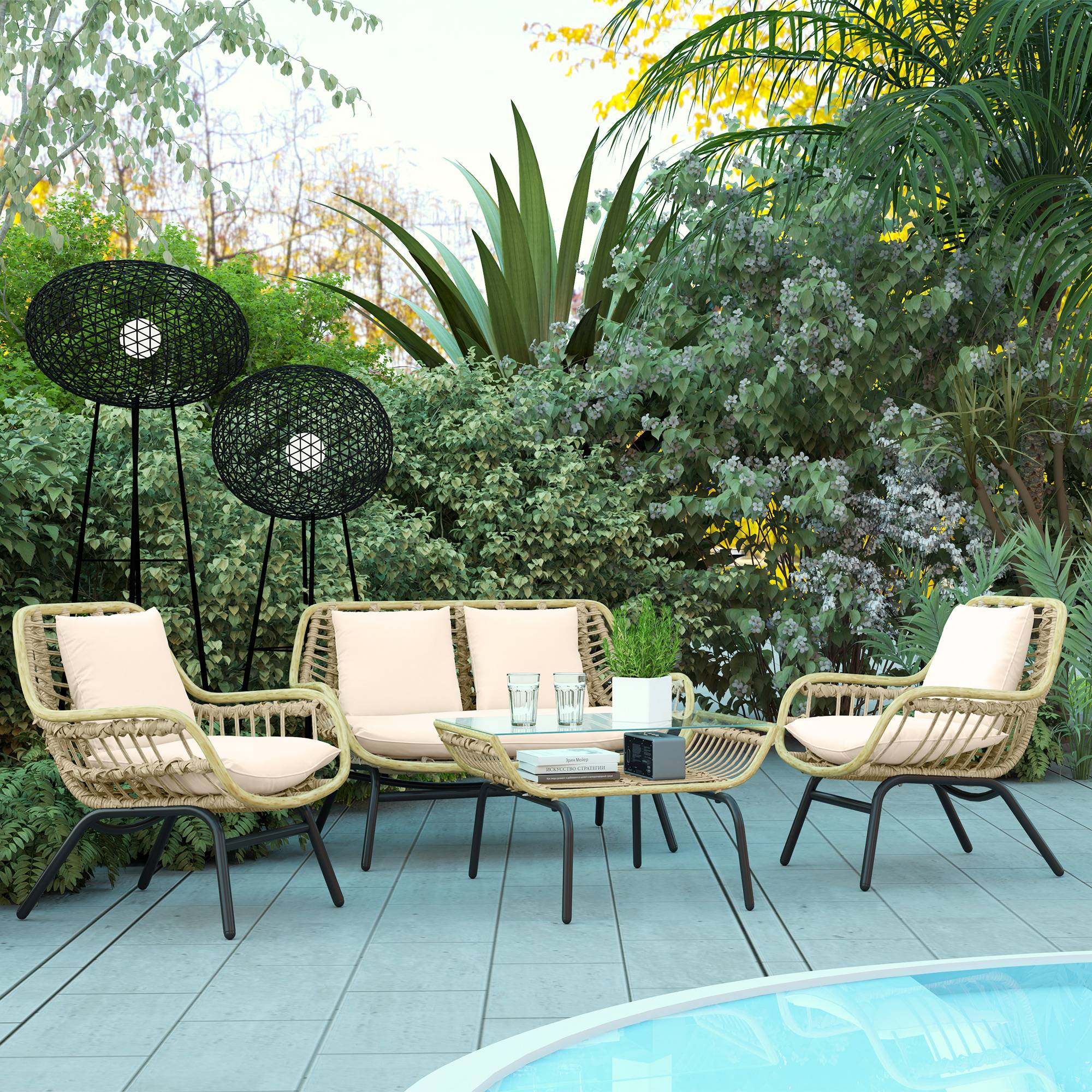 Outsunny - Salon de jardin 4 places 4 pièces style exotique métal résine époxy grand confort coussins polyester beige - Outsunny - Image 2