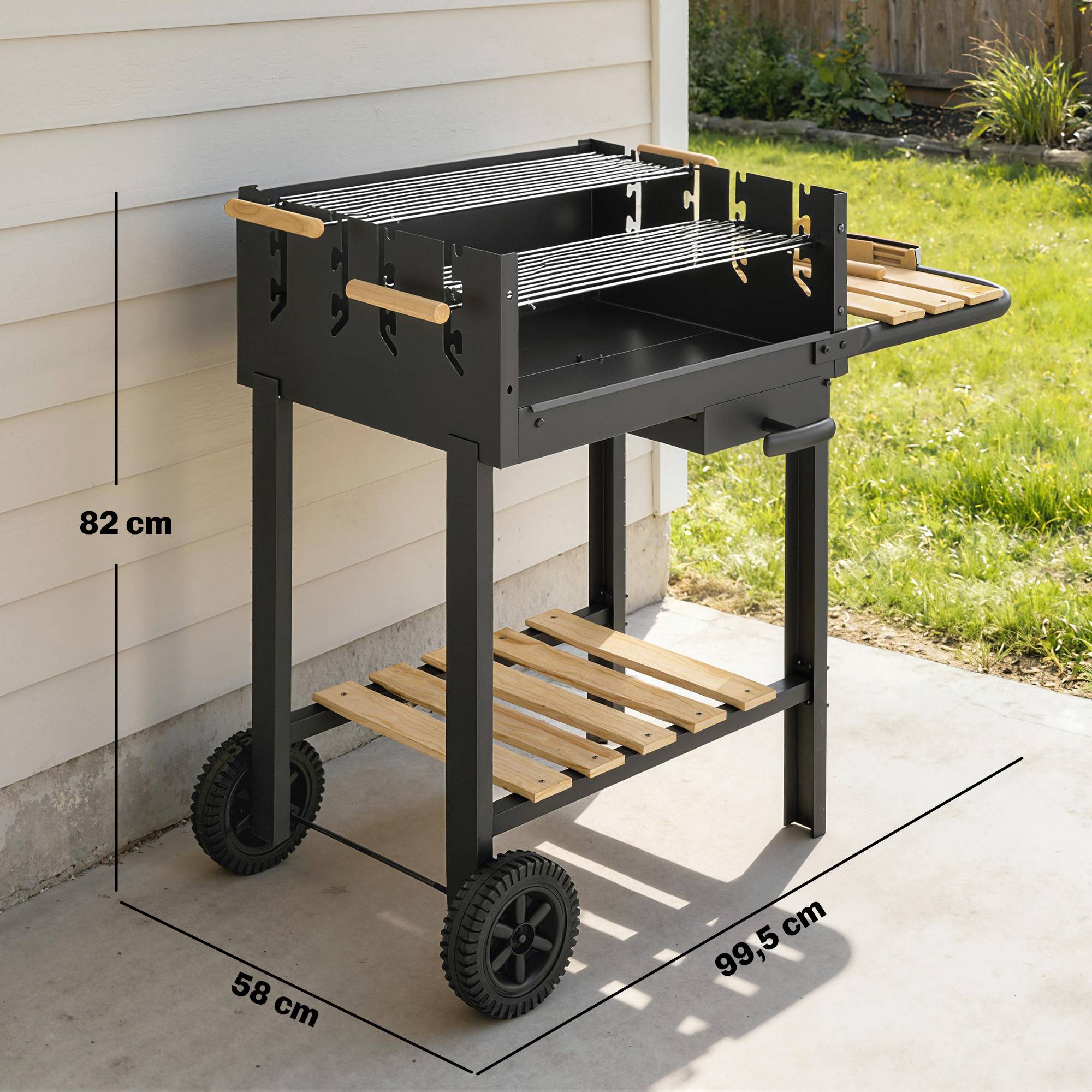 Sans Marque - Holzkohlegrill Grillwagen avec 4-fach höhenverstellbarer Grillrost 2 Holzablage 2 Räder Aschebehälter 99,5 x 58 x 82 cm - Image 5