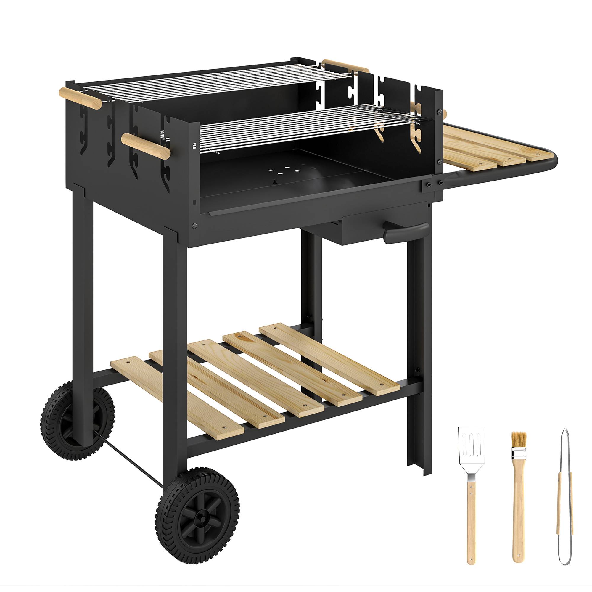 Sans Marque - Holzkohlegrill Grillwagen avec 4-fach höhenverstellbarer Grillrost 2 Holzablage 2 Räder Aschebehälter 99,5 x 58 x 82 cm - Image 2