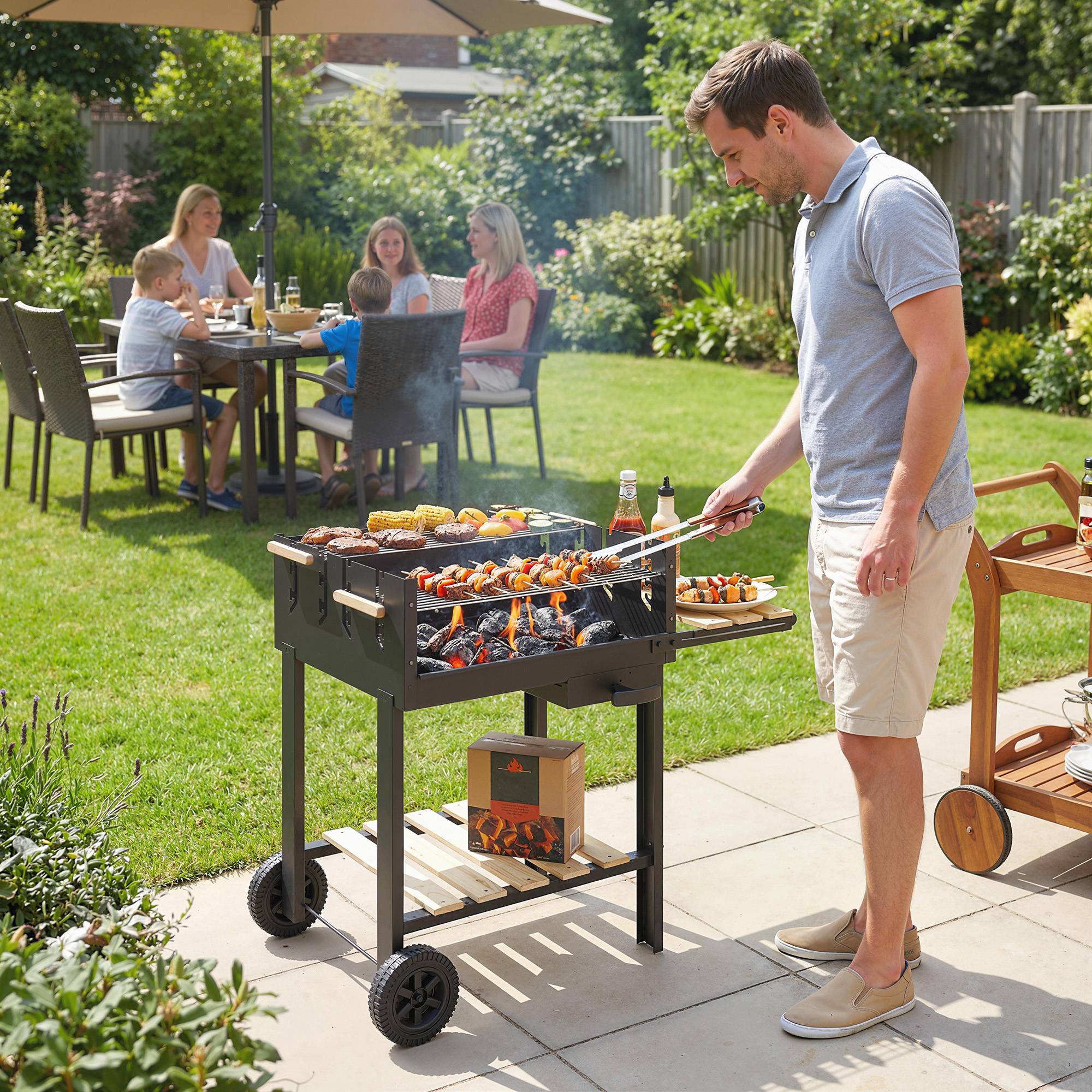 Sans Marque - Holzkohlegrill Grillwagen avec 4-fach höhenverstellbarer Grillrost 2 Holzablage 2 Räder Aschebehälter 99,5 x 58 x 82 cm - Image 4