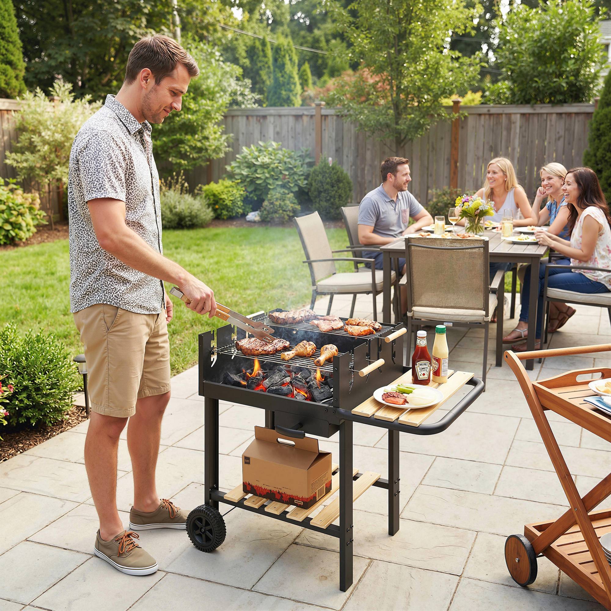 Sans Marque - Holzkohlegrill Grillwagen avec 4-fach höhenverstellbarer Grillrost 2 Holzablage 2 Räder Aschebehälter 99,5 x 58 x 82 cm - Image 3