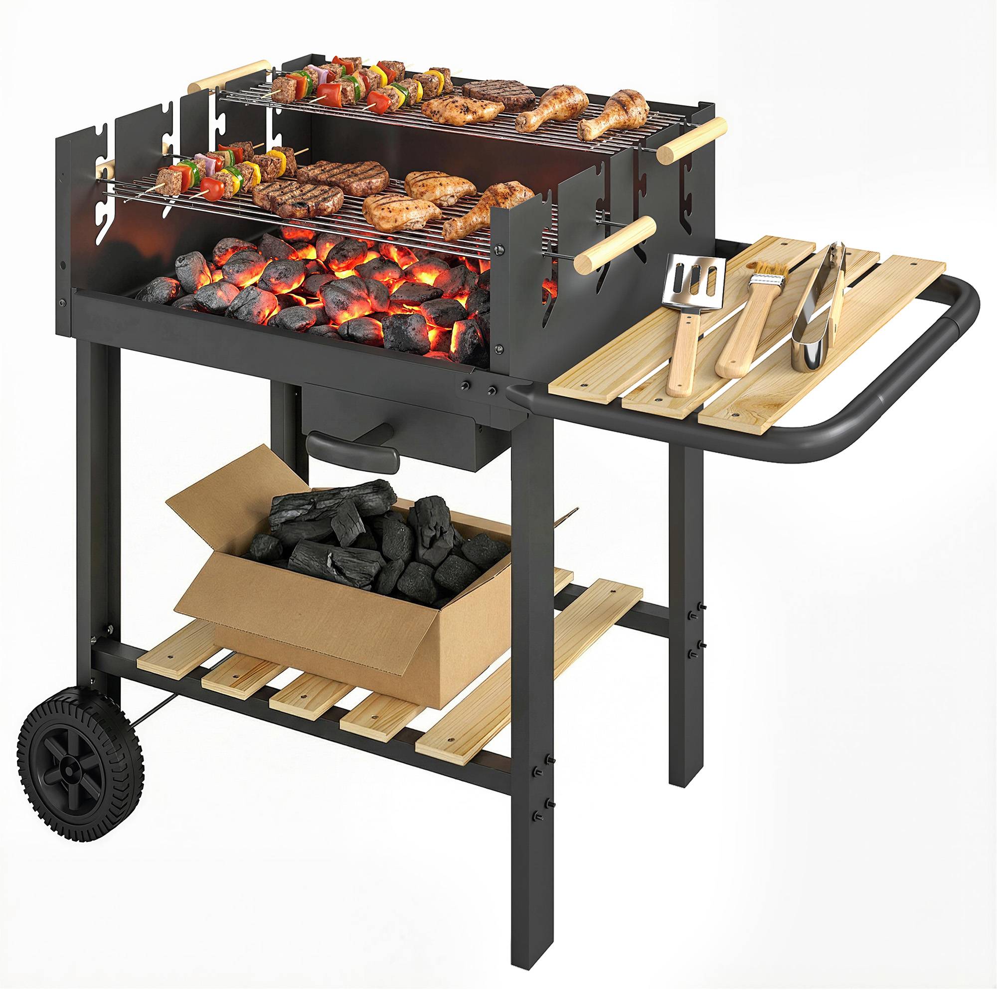 Sans Marque - Holzkohlegrill Grillwagen avec 4-fach höhenverstellbarer Grillrost 2 Holzablage 2 Räder Aschebehälter 99,5 x 58 x 82 cm - Image 1