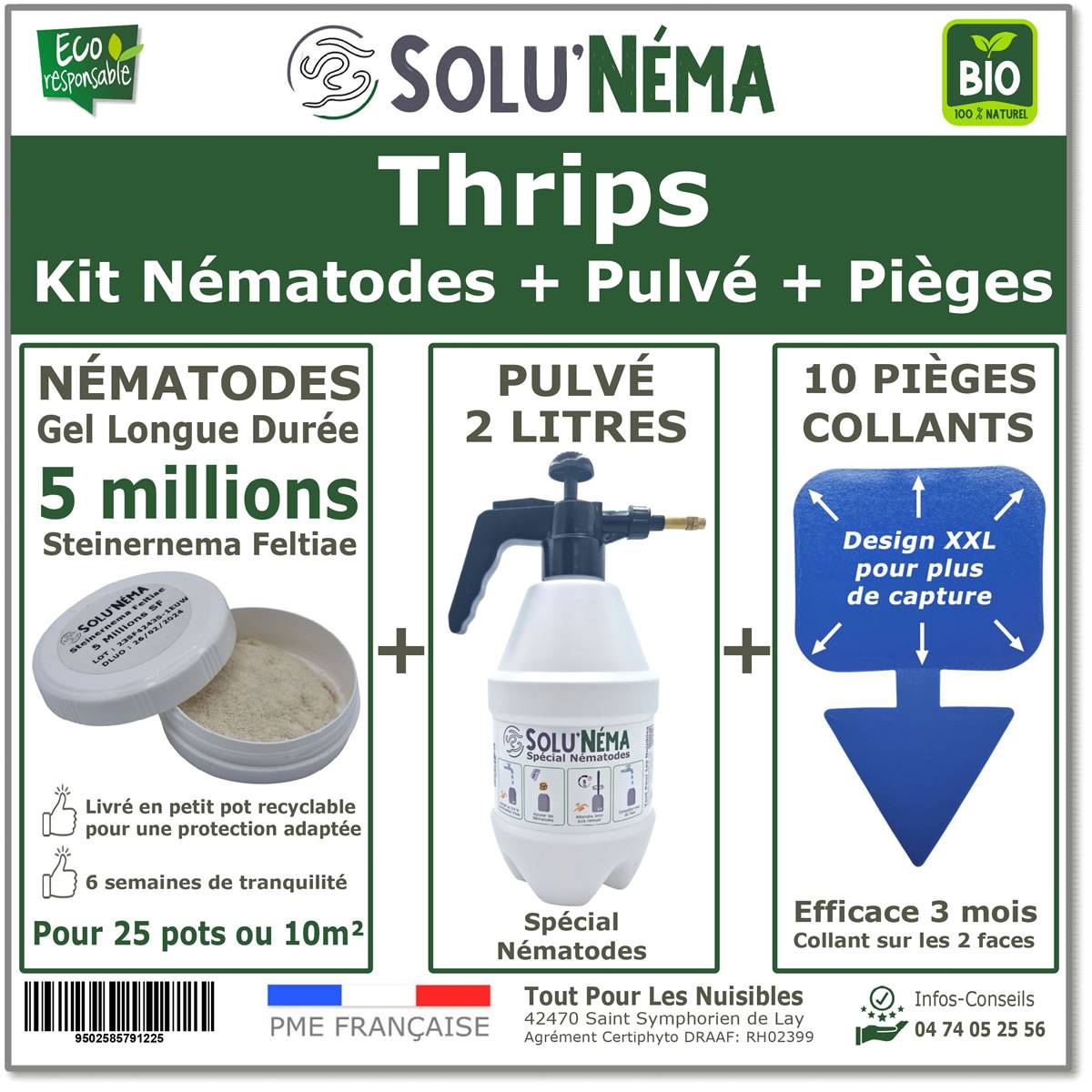 Solunéma - Kit Complet Anti-Thrips - 5 Millions Nématodes SF  + Pulvérisateur 2L + 10 Pièges Bleus Collants XXL