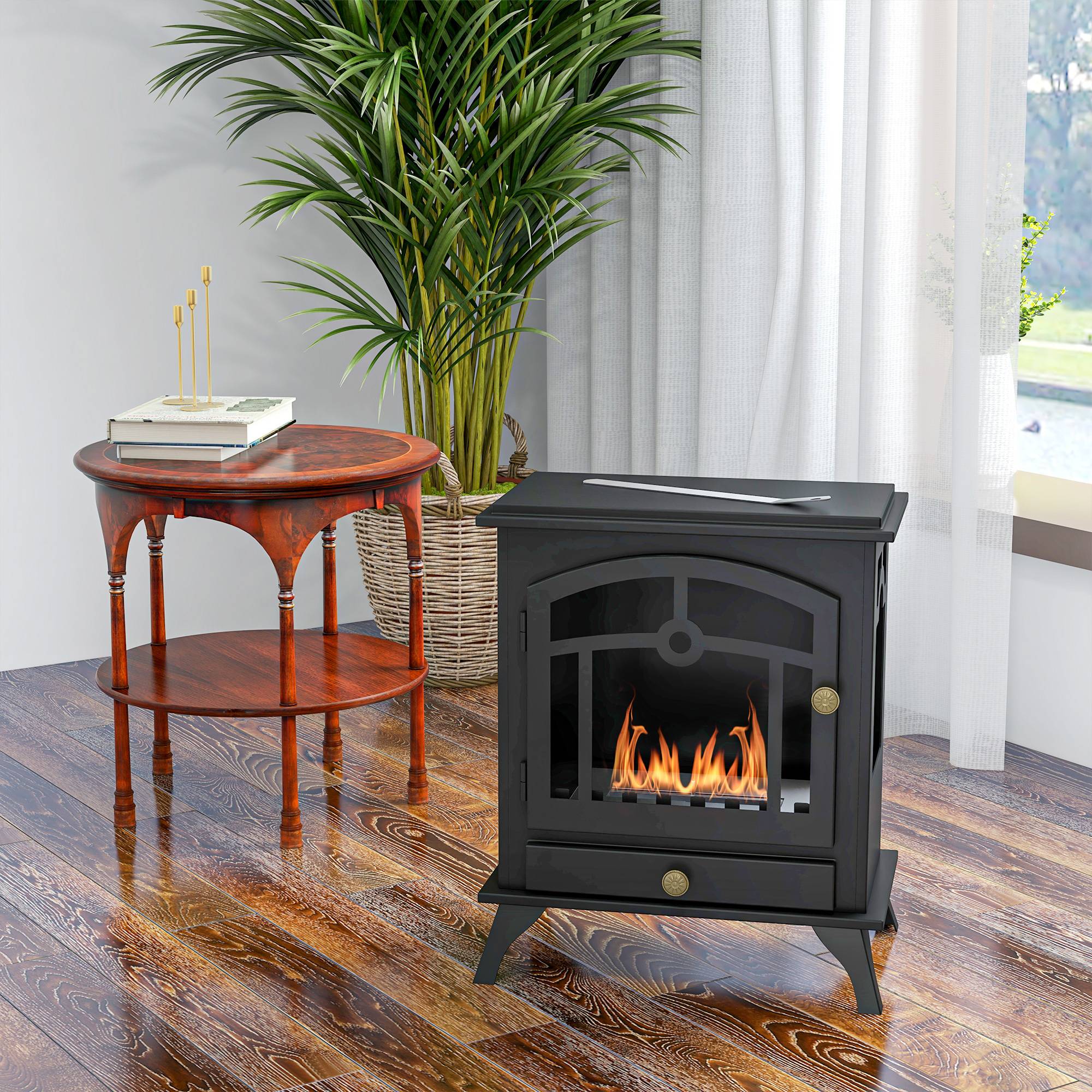 Cheminée bioéthanol sur Pied, brûleur 1,2 L, environ 3 h de durée de combustion Dim. 45L x 28l x 54H cm Acier Noir - Image 9