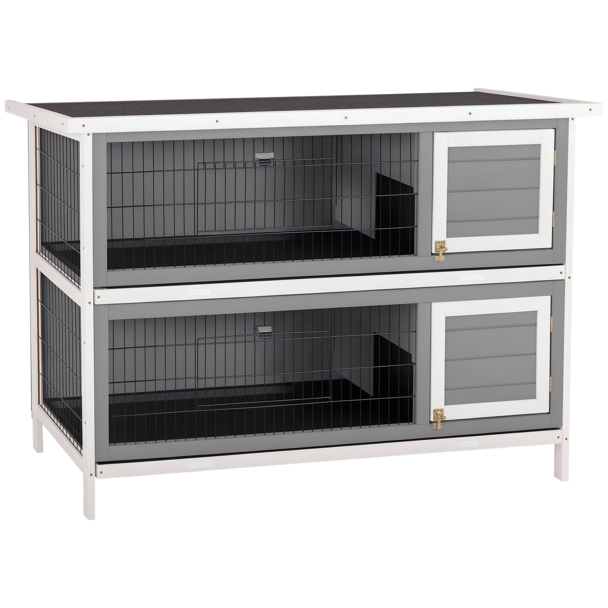 Cage petits animaux pour cobayes et lapins nains, 2 étages, bois, gris - Image 1