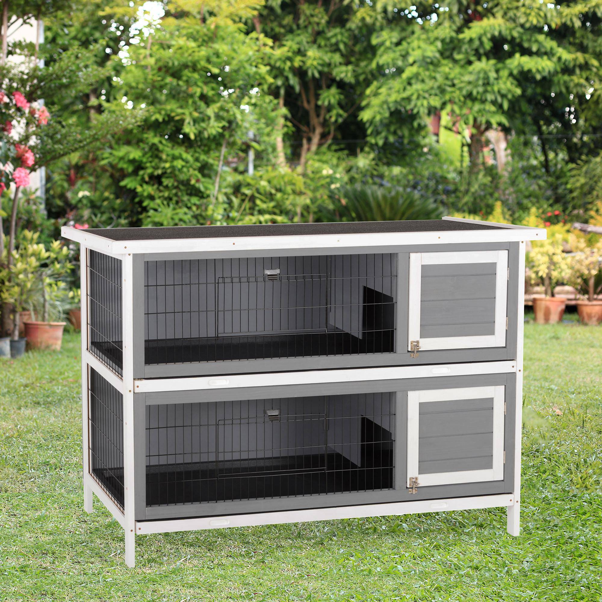 Cage petits animaux pour cobayes et lapins nains, 2 étages, bois, gris - Image 4