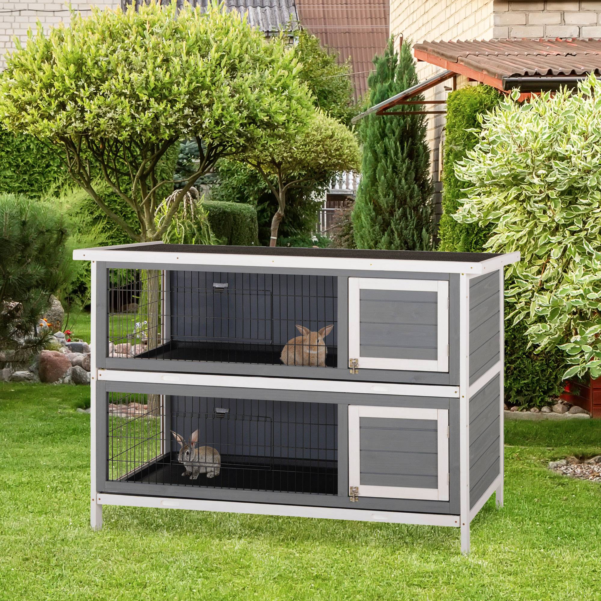 Cage petits animaux pour cobayes et lapins nains, 2 étages, bois, gris - Image 3