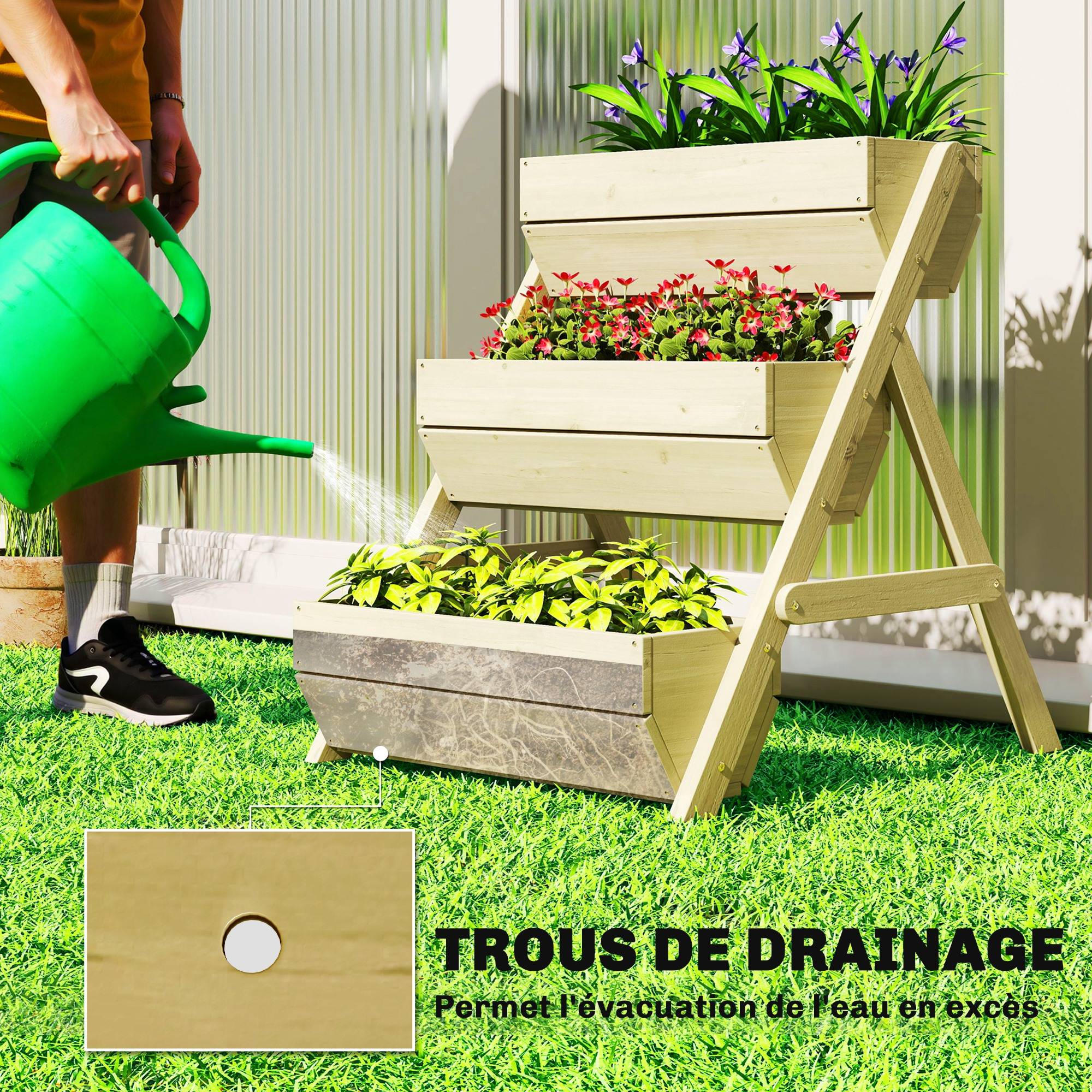 Sans Marque - Jardinière surélevée en bois avec 3 étages, étagère en escalier pour plantes avec trous de drainage, 65x75x76cm, vert - Image 7
