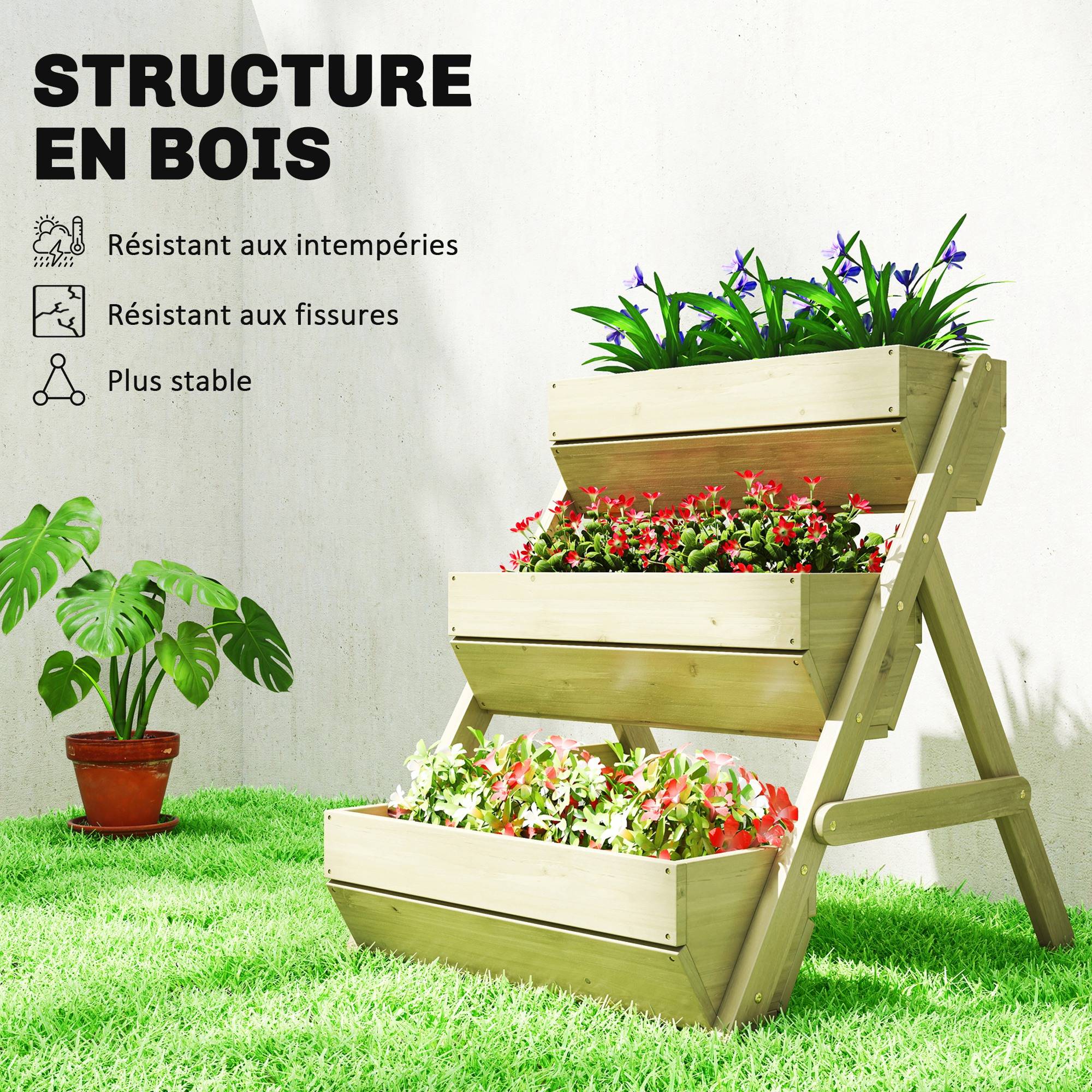 Sans Marque - Jardinière surélevée en bois avec 3 étages, étagère en escalier pour plantes avec trous de drainage, 65x75x76cm, vert - Image 8