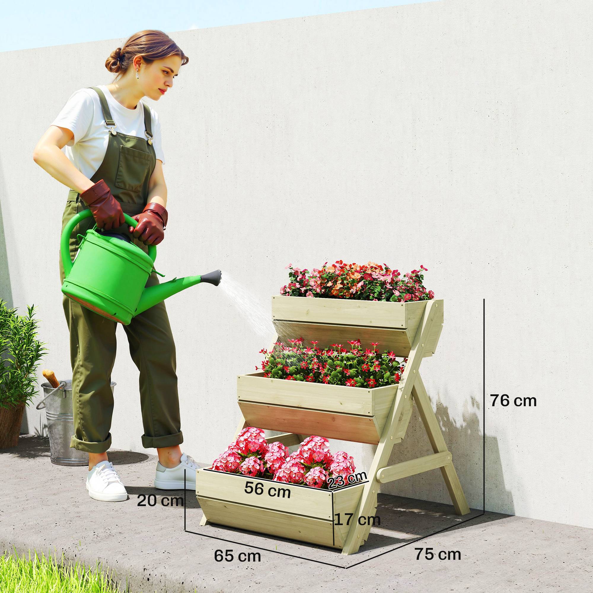 Sans Marque - Jardinière surélevée en bois avec 3 étages, étagère en escalier pour plantes avec trous de drainage, 65x75x76cm, vert - Image 5