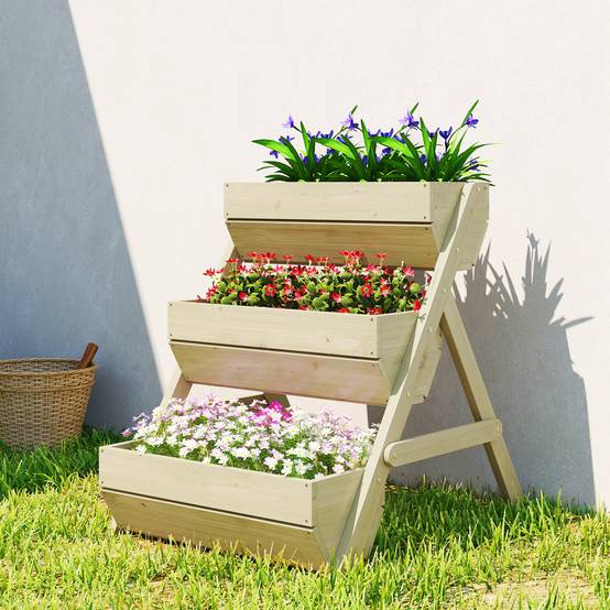 Sans Marque - Jardinière surélevée en bois avec 3 étages, étagère en escalier pour plantes avec trous de drainage, 65x75x76cm, vert - Image 3