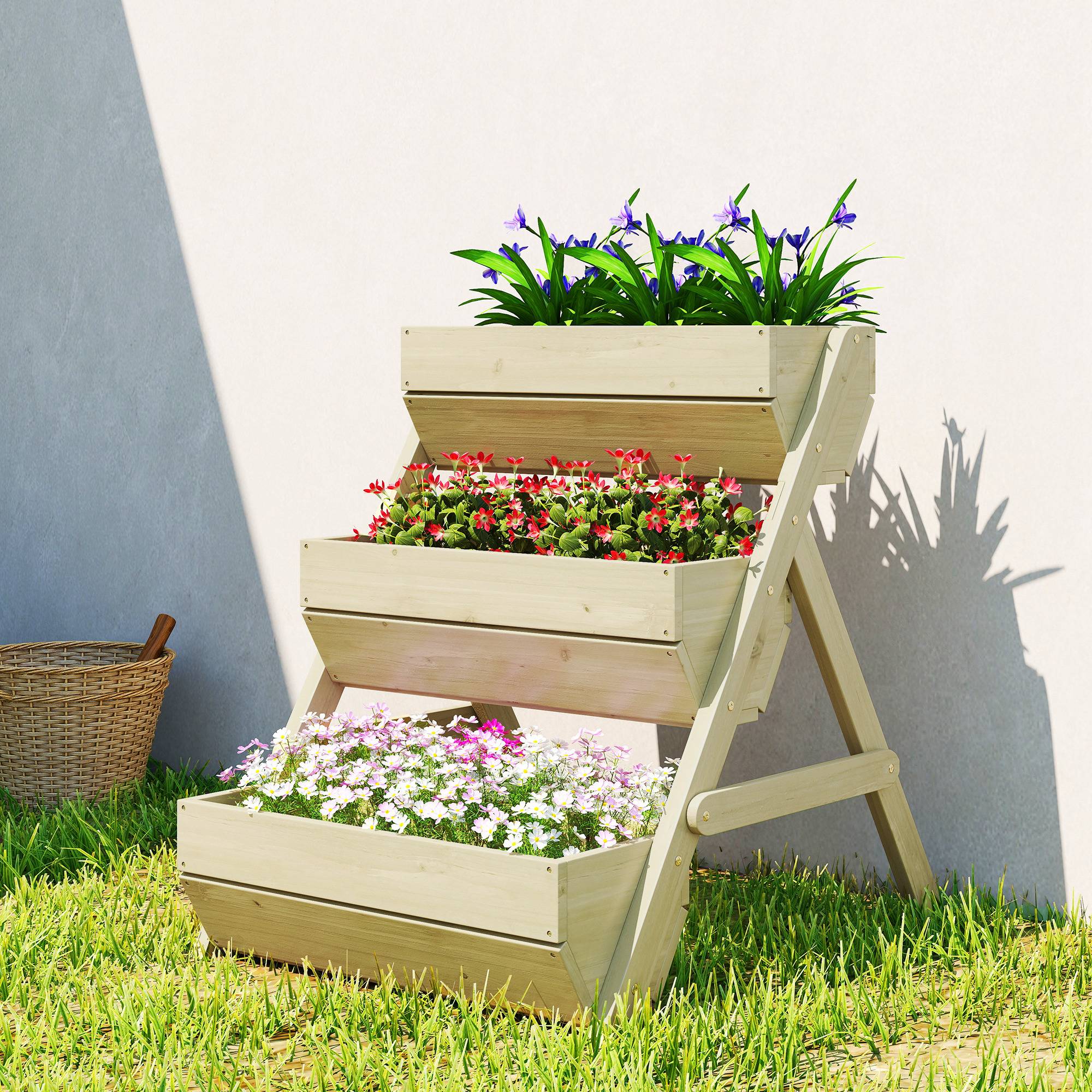Sans Marque - Jardinière surélevée en bois avec 3 étages, étagère en escalier pour plantes avec trous de drainage, 65x75x76cm, vert - Image 3