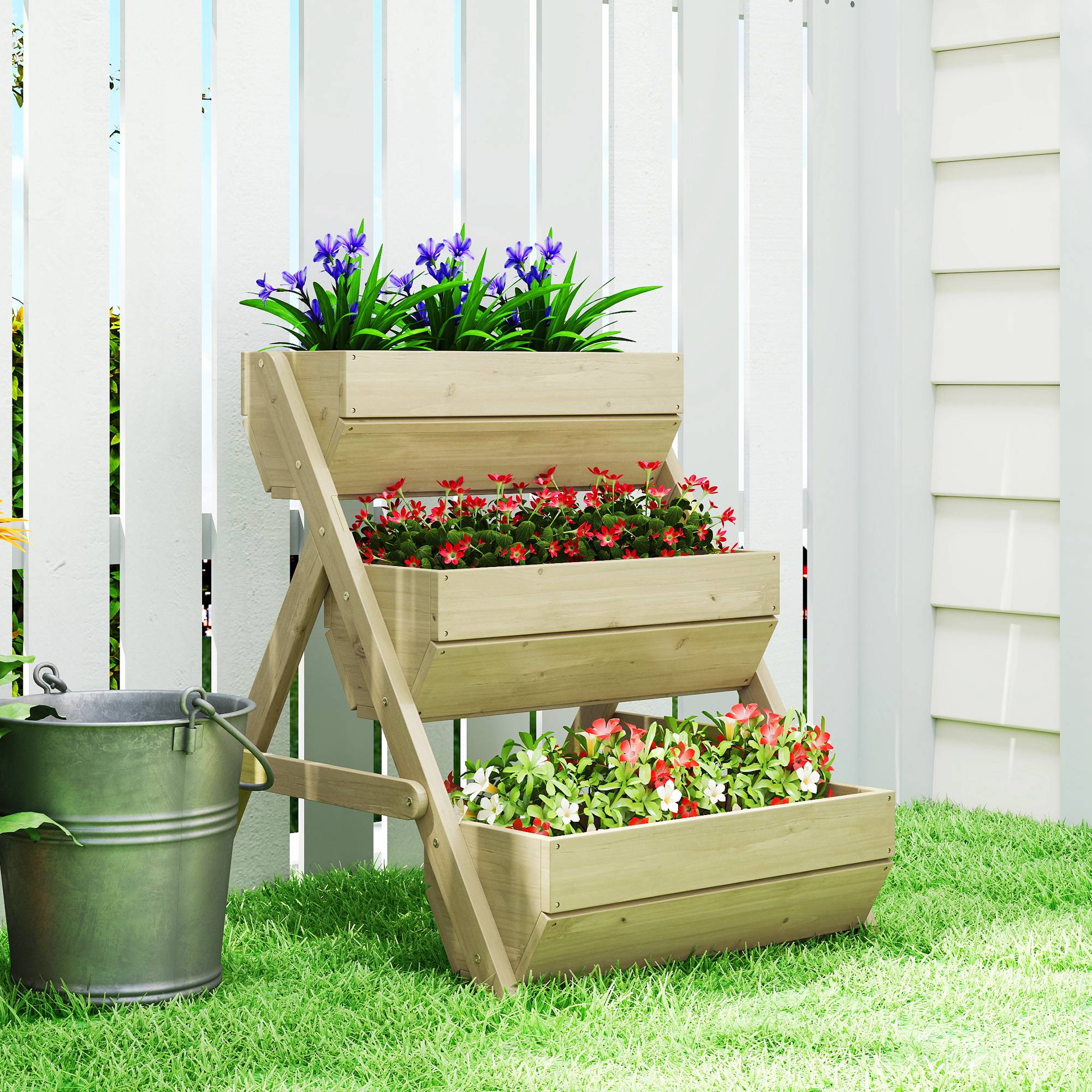 Sans Marque - Jardinière surélevée en bois avec 3 étages, étagère en escalier pour plantes avec trous de drainage, 65x75x76cm, vert - Image 4