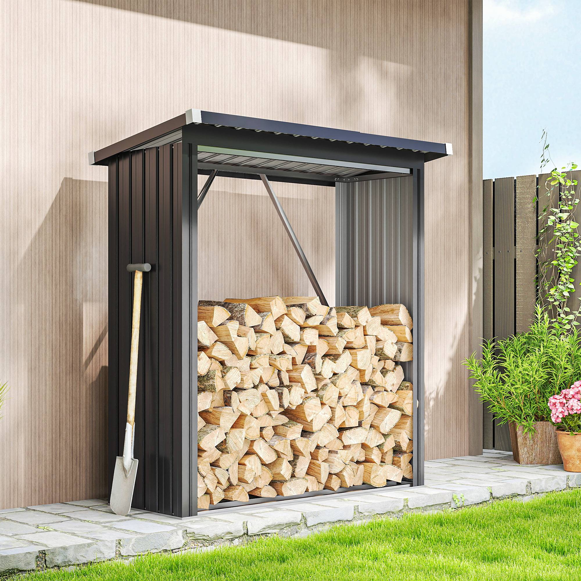 Abri-bûches extérieur acier galvanisé toit incliné ondulé 150x66x150cm gris - ComfortXL Outdoor Living - Image 4