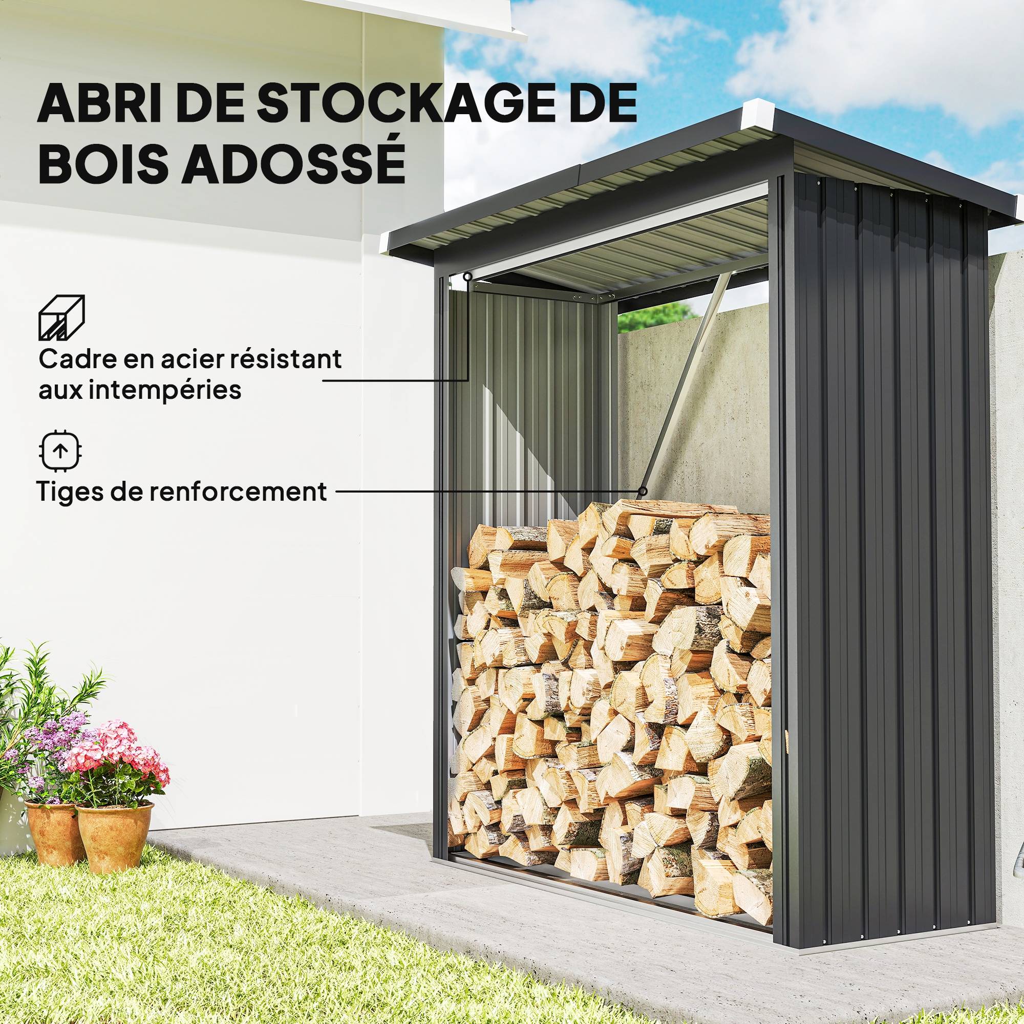 Abri-bûches extérieur acier galvanisé toit incliné ondulé 150x66x150cm gris - ComfortXL Outdoor Living - Image 6