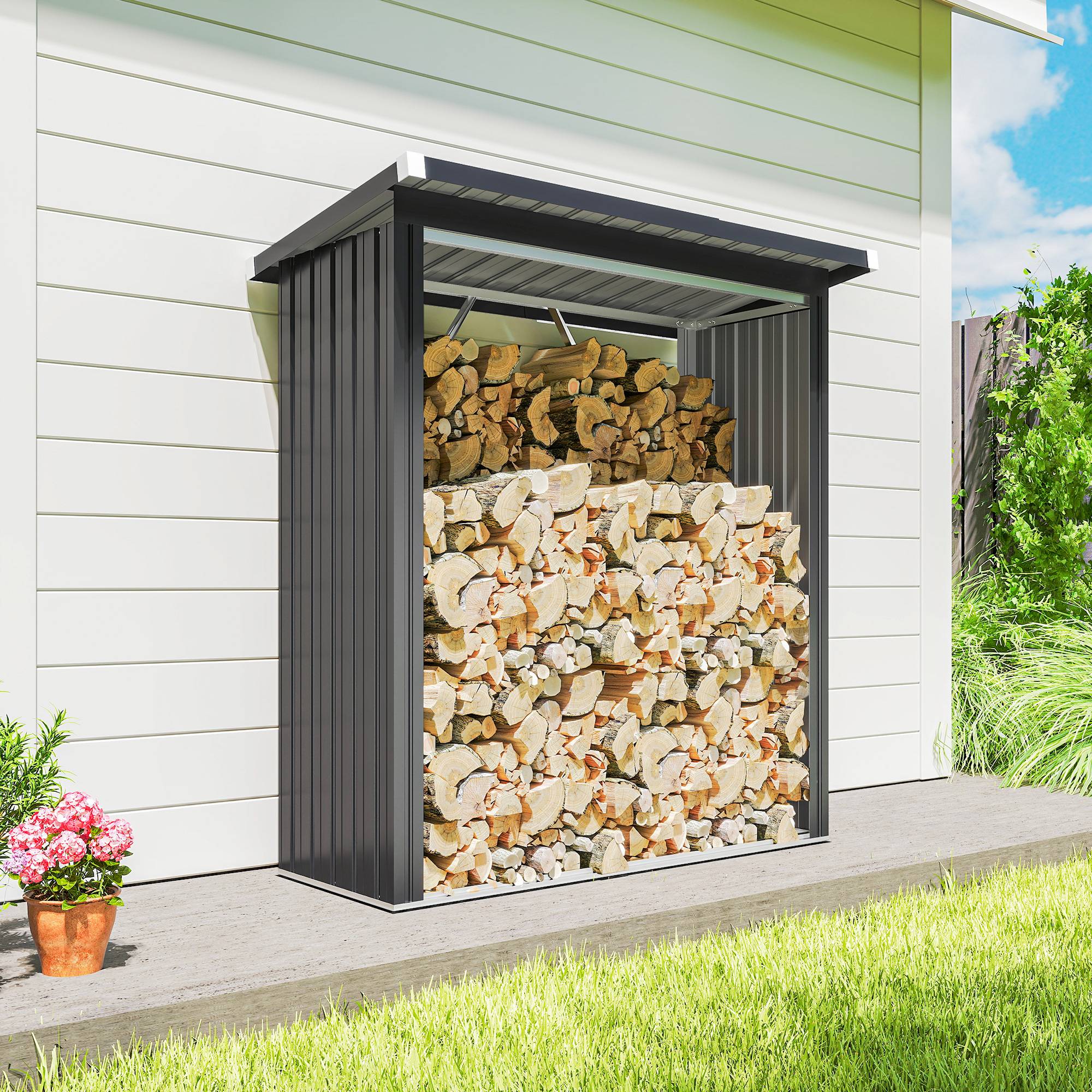 Abri-bûches extérieur acier galvanisé toit incliné ondulé 150x66x150cm gris - ComfortXL Outdoor Living - Image 10