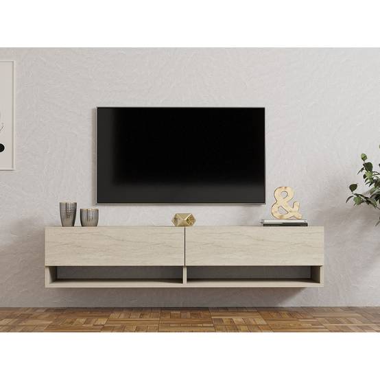 Sans Marque - Meuble TV suspendu 2 portes basculantes effet travertin SIENNA - Beige - Toilinux - Image 2