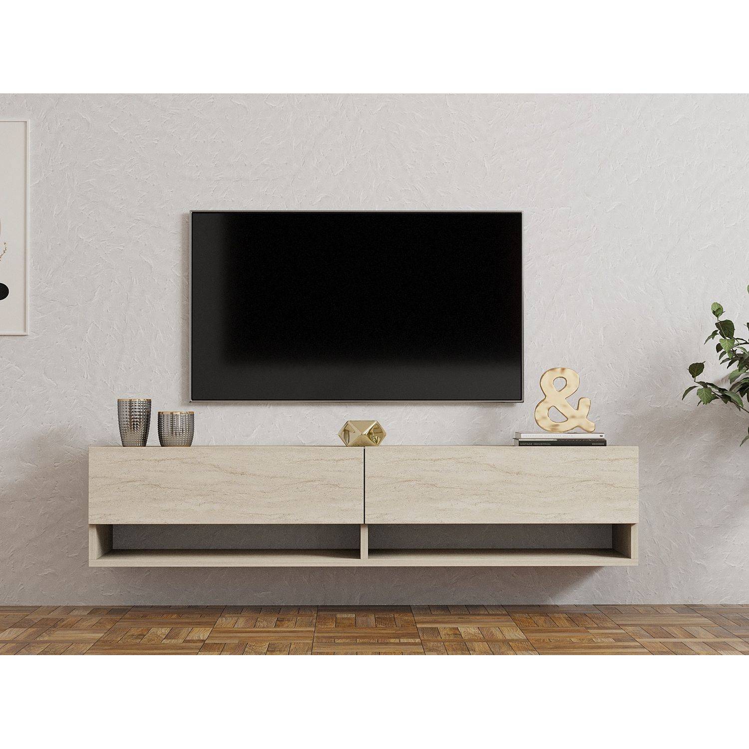 Sans Marque - Meuble TV suspendu 2 portes basculantes effet travertin SIENNA - Beige - Toilinux - Image 2