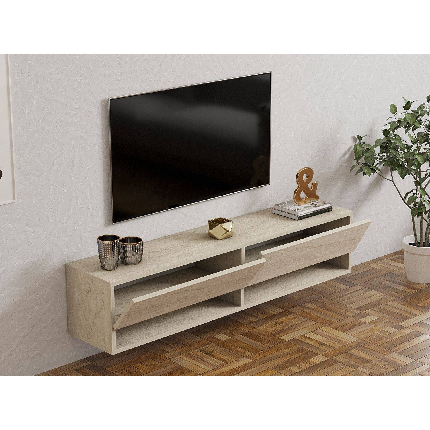 Sans Marque - Meuble TV suspendu 2 portes basculantes effet travertin SIENNA - Beige - Toilinux - Image 4