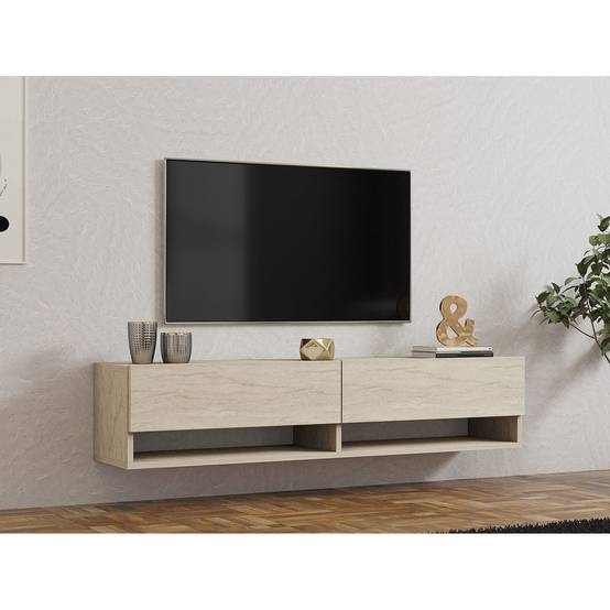 Sans Marque - Meuble TV suspendu 2 portes basculantes effet travertin SIENNA - Beige - Toilinux - Image 6