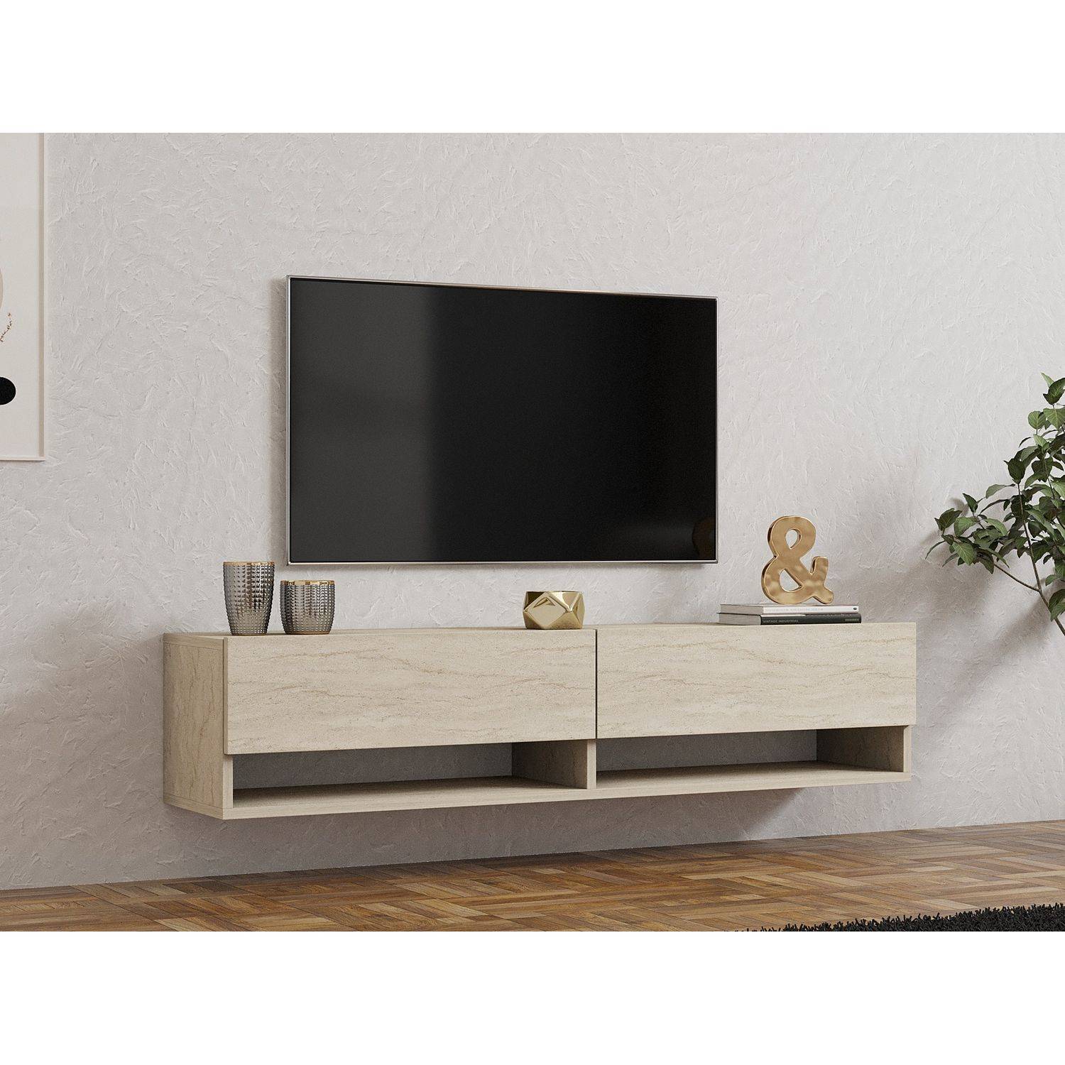 Sans Marque - Meuble TV suspendu 2 portes basculantes effet travertin SIENNA - Beige - Toilinux - Image 6
