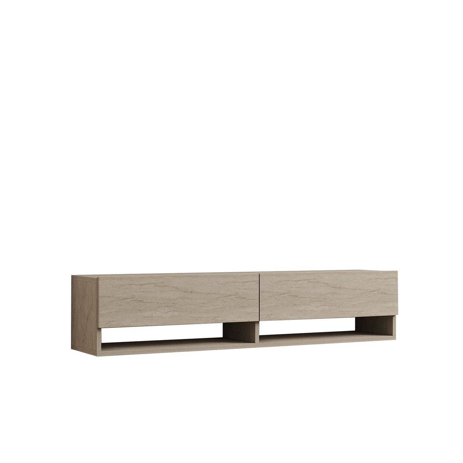 Sans Marque - Meuble TV suspendu 2 portes basculantes effet travertin SIENNA - Beige - Toilinux - Image 5