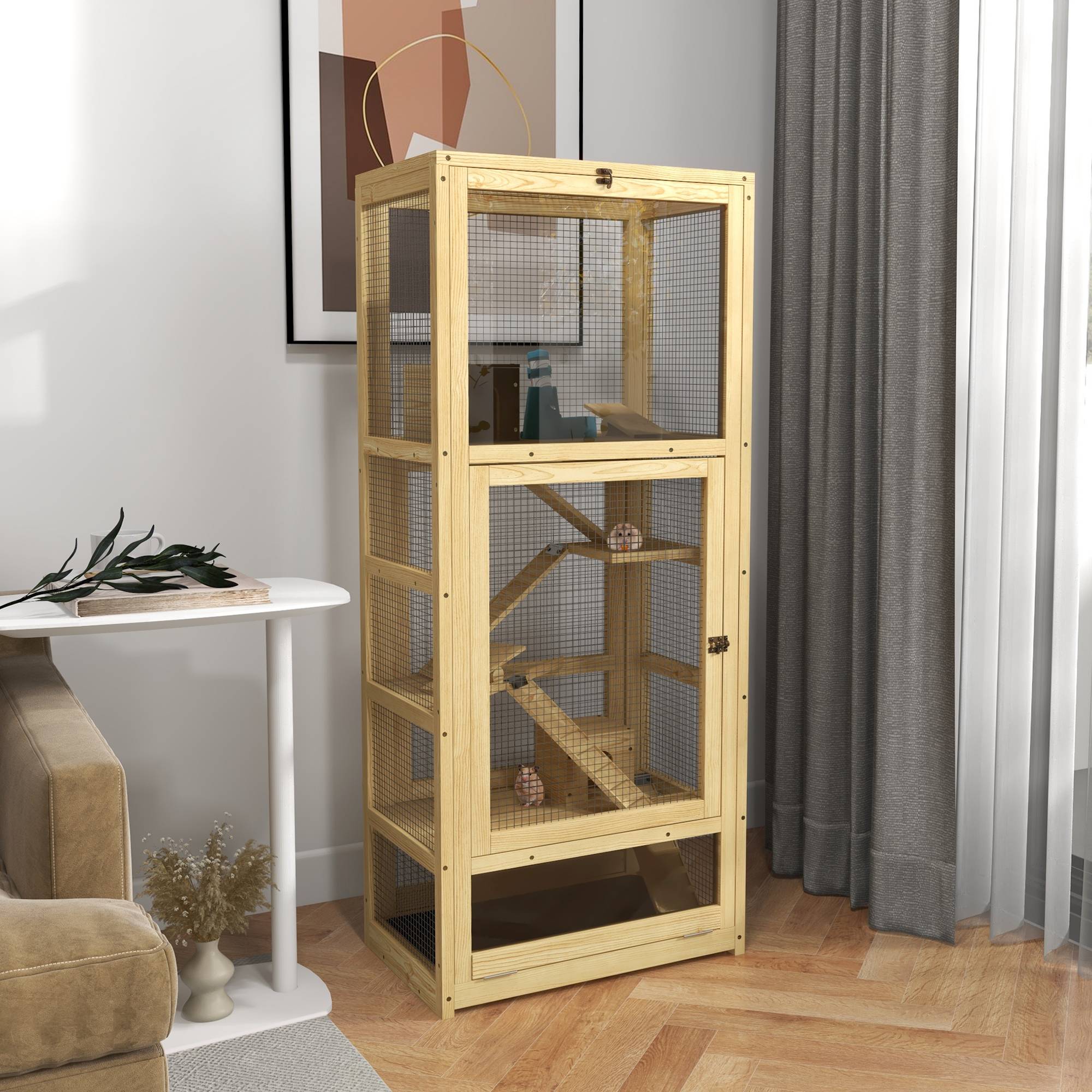 Cage en bois de sapin pour hamsters 5 niveaux avec accessoires de jeux 54x38x131 cm naturel - ComfortXL Outdoor Living - Image 4