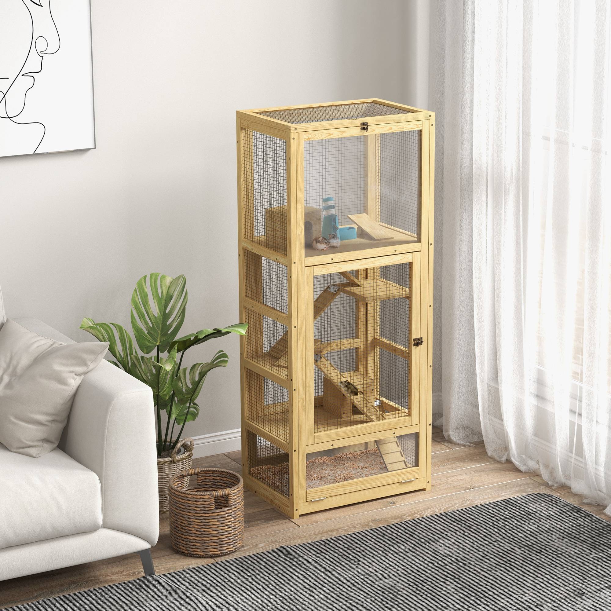 Cage en bois de sapin pour hamsters 5 niveaux avec accessoires de jeux 54x38x131 cm naturel - ComfortXL Outdoor Living - Image 3