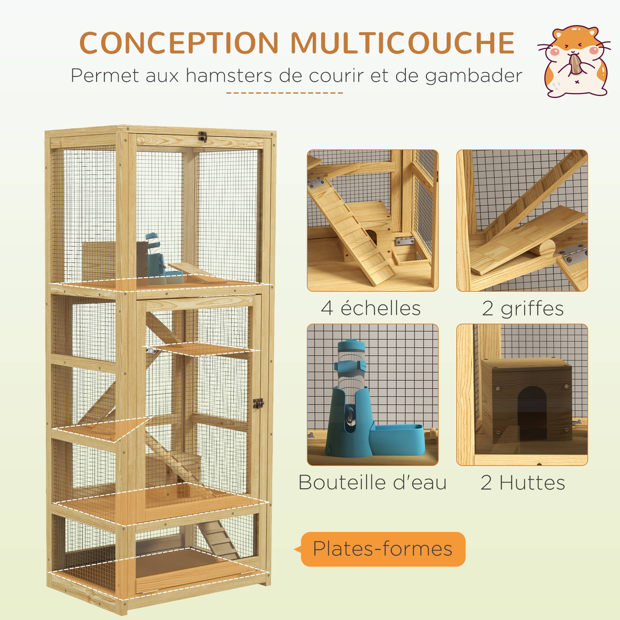 Cage en bois de sapin pour hamsters 5 niveaux avec accessoires de jeux 54x38x131 cm naturel - ComfortXL Outdoor Living - Image 6