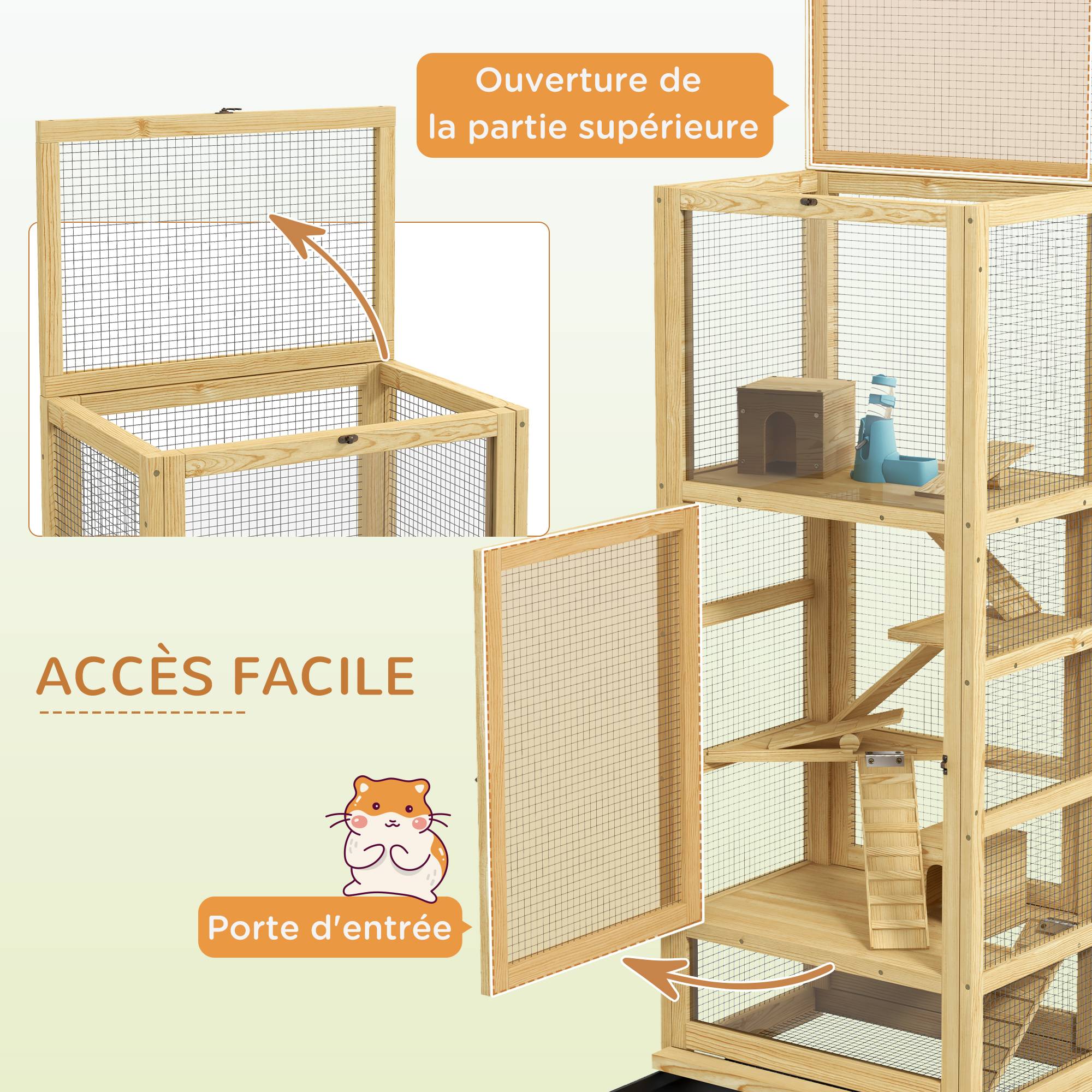 Cage en bois de sapin pour hamsters 5 niveaux avec accessoires de jeux 54x38x131 cm naturel - ComfortXL Outdoor Living - Image 7