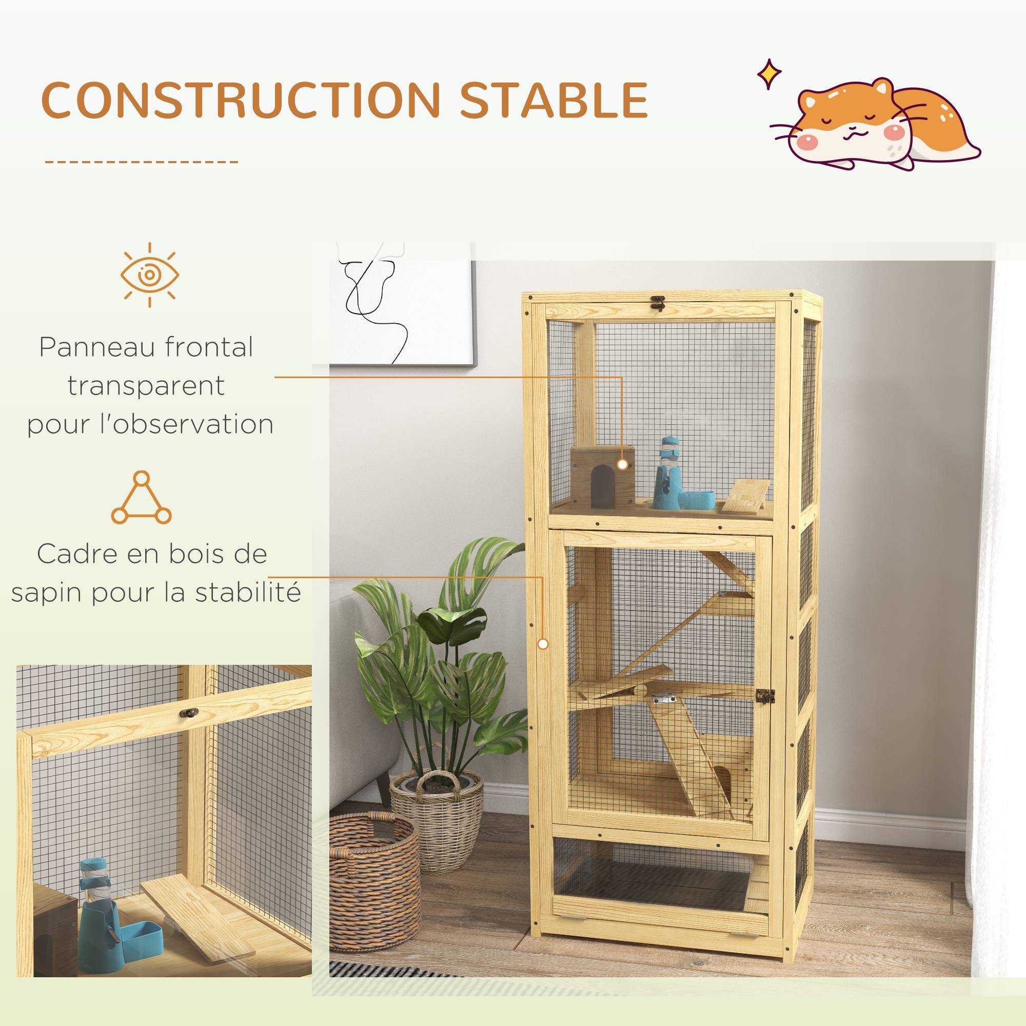 Cage en bois de sapin pour hamsters 5 niveaux avec accessoires de jeux 54x38x131 cm naturel - ComfortXL Outdoor Living - Image 8