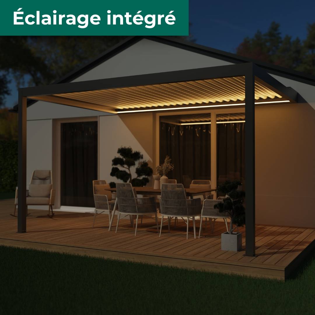 Pergola Bioclimatique Aluminium Adossée Motorisée Éclairée 4x3 Gris SV ORIAL France - Image 5