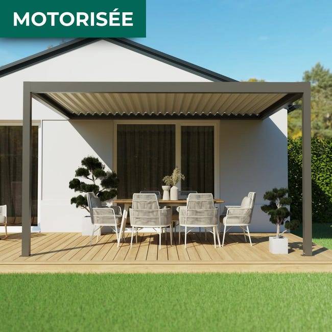 Pergola Bioclimatique Aluminium Adossée Motorisée Éclairée 4x3 Gris SV ORIAL France - Image 1