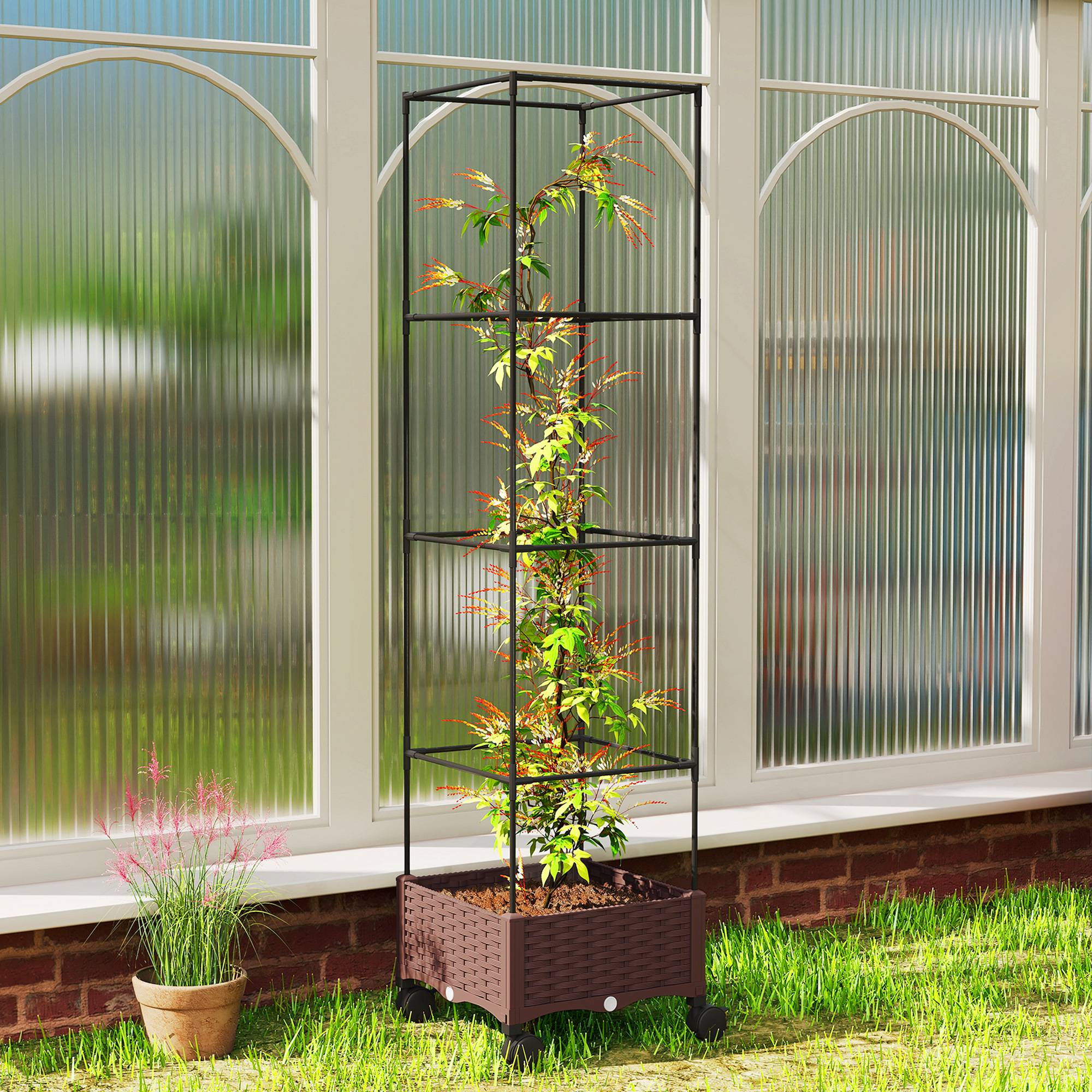 Sans Marque - Jardinière surélevée treillis 20L roues verrouillables arrosage automatique marron - Image 3