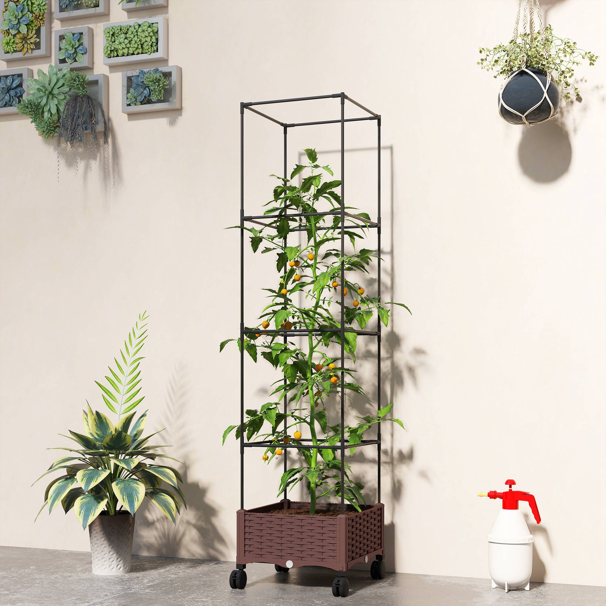 Sans Marque - Jardinière surélevée treillis 20L roues verrouillables arrosage automatique marron - Image 4
