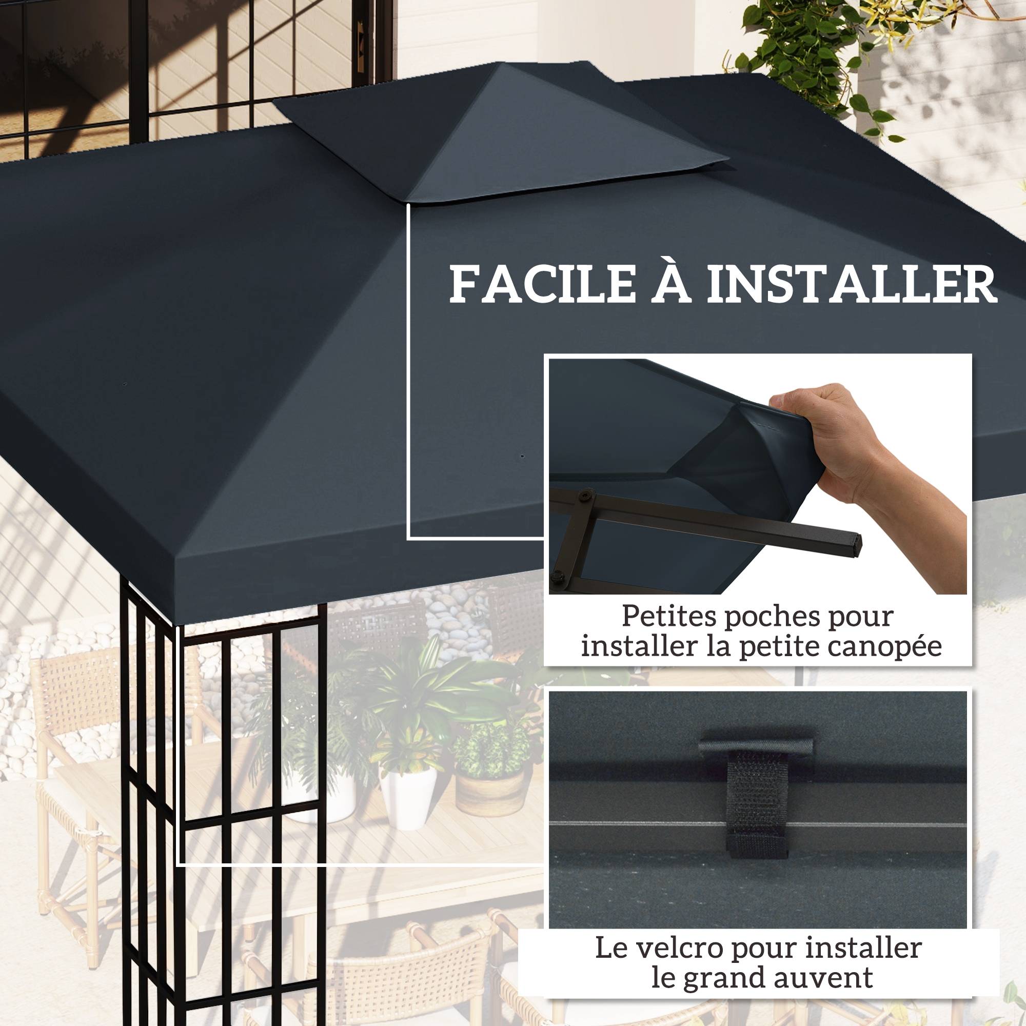 Toile de rechange pour pavillon tonnelle tente 3 x 3 m polyester haute densité 180 g/m² gris foncé - Image 7