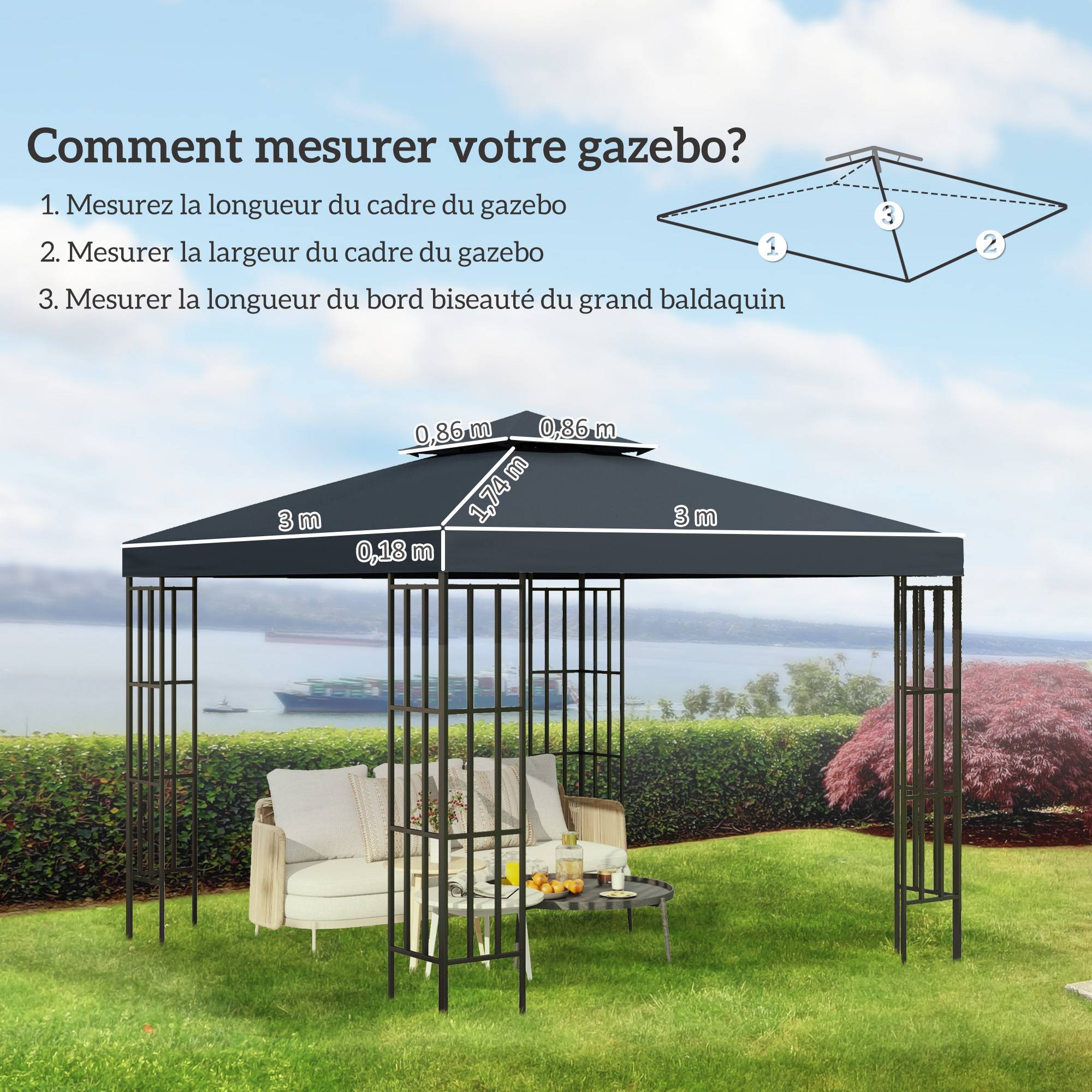Toile de rechange pour pavillon tonnelle tente 3 x 3 m polyester haute densité 180 g/m² gris foncé - Image 5