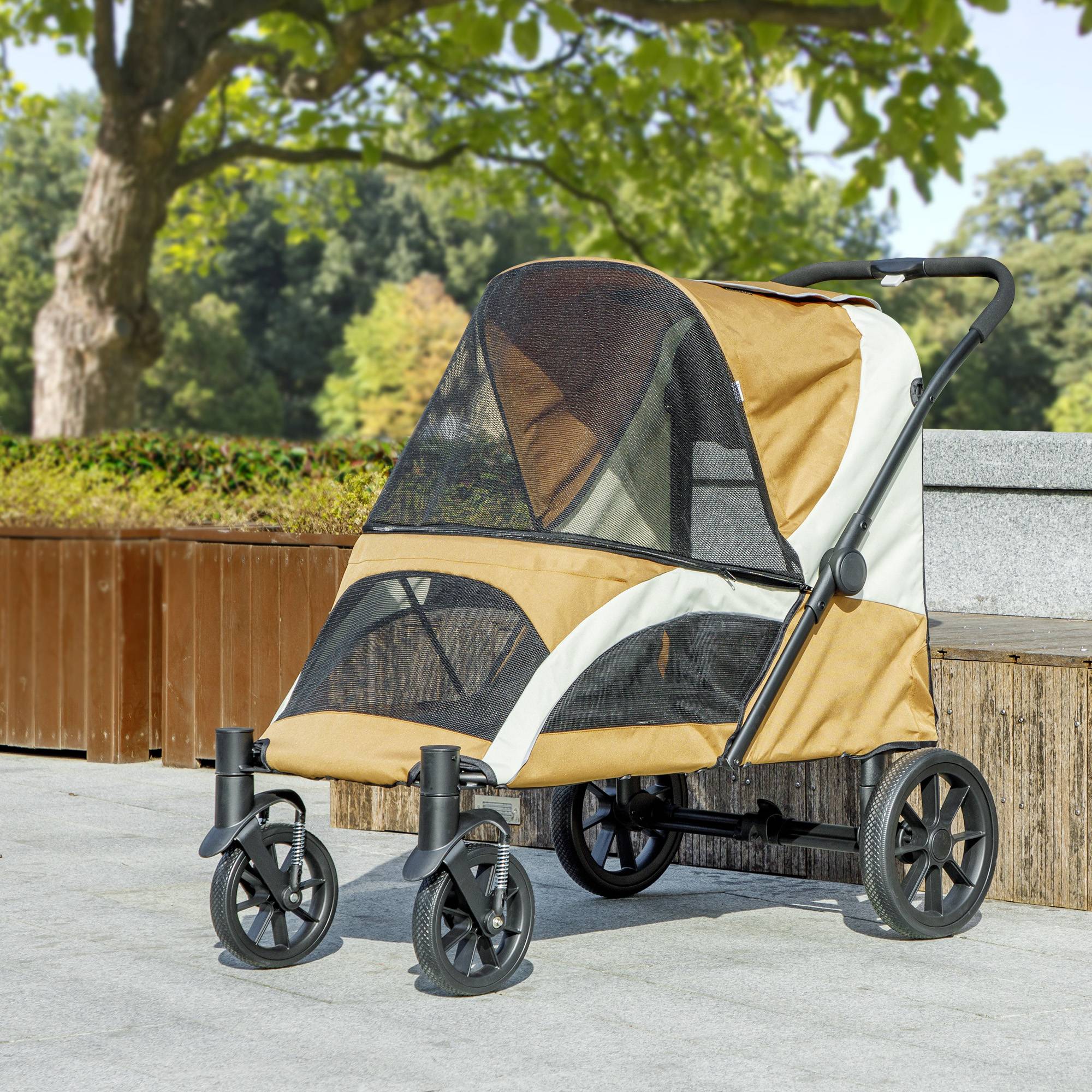 Poussette pour chien, poussette pliable pour chiens de taille moyenne, poussette pour animaux de compagnie à 4 roues, laisses de sécurité, freins - Image 4