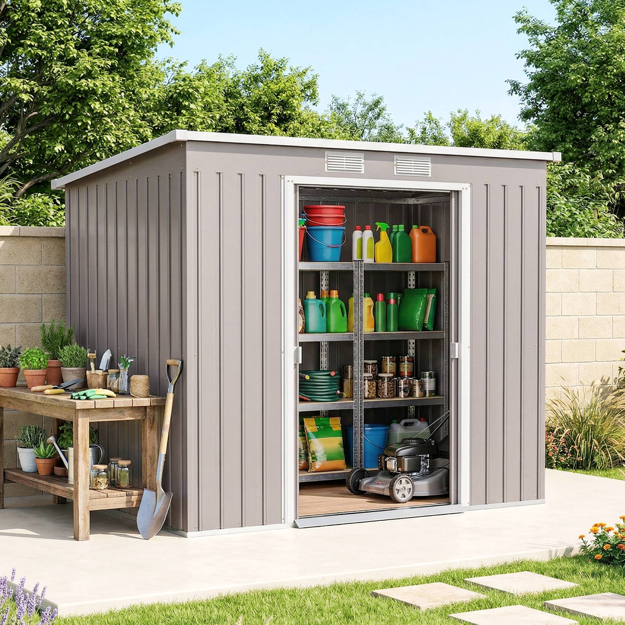 Abri de jardin extérieur 2,42 m² (213 x 130 x 172 cm) avec porte coulissante, toit en pente, base et 2 fenêtres, gris clair - Image 4