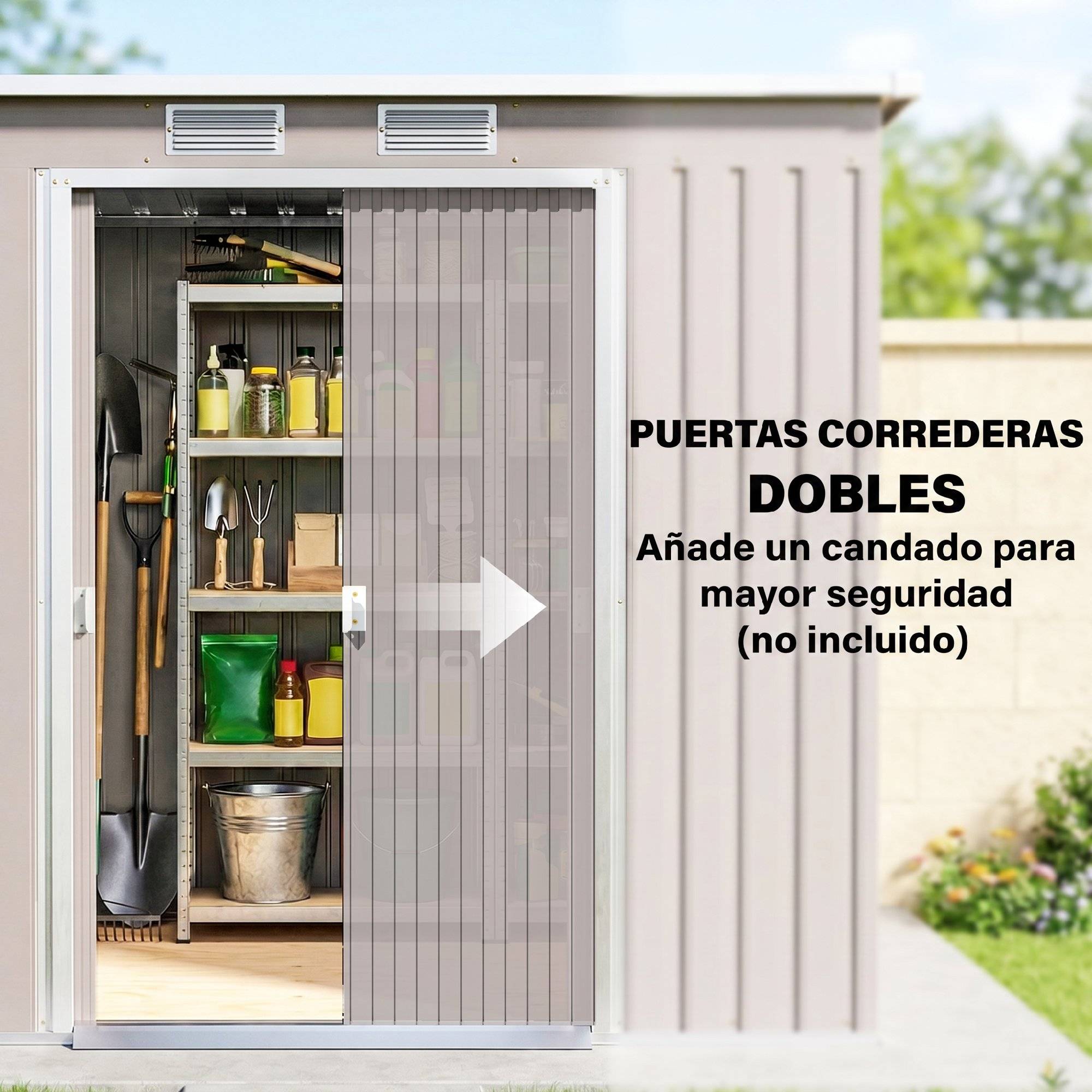 Abri de jardin extérieur 2,42 m² (213 x 130 x 172 cm) avec porte coulissante, toit en pente, base et 2 fenêtres, gris clair - Image 7