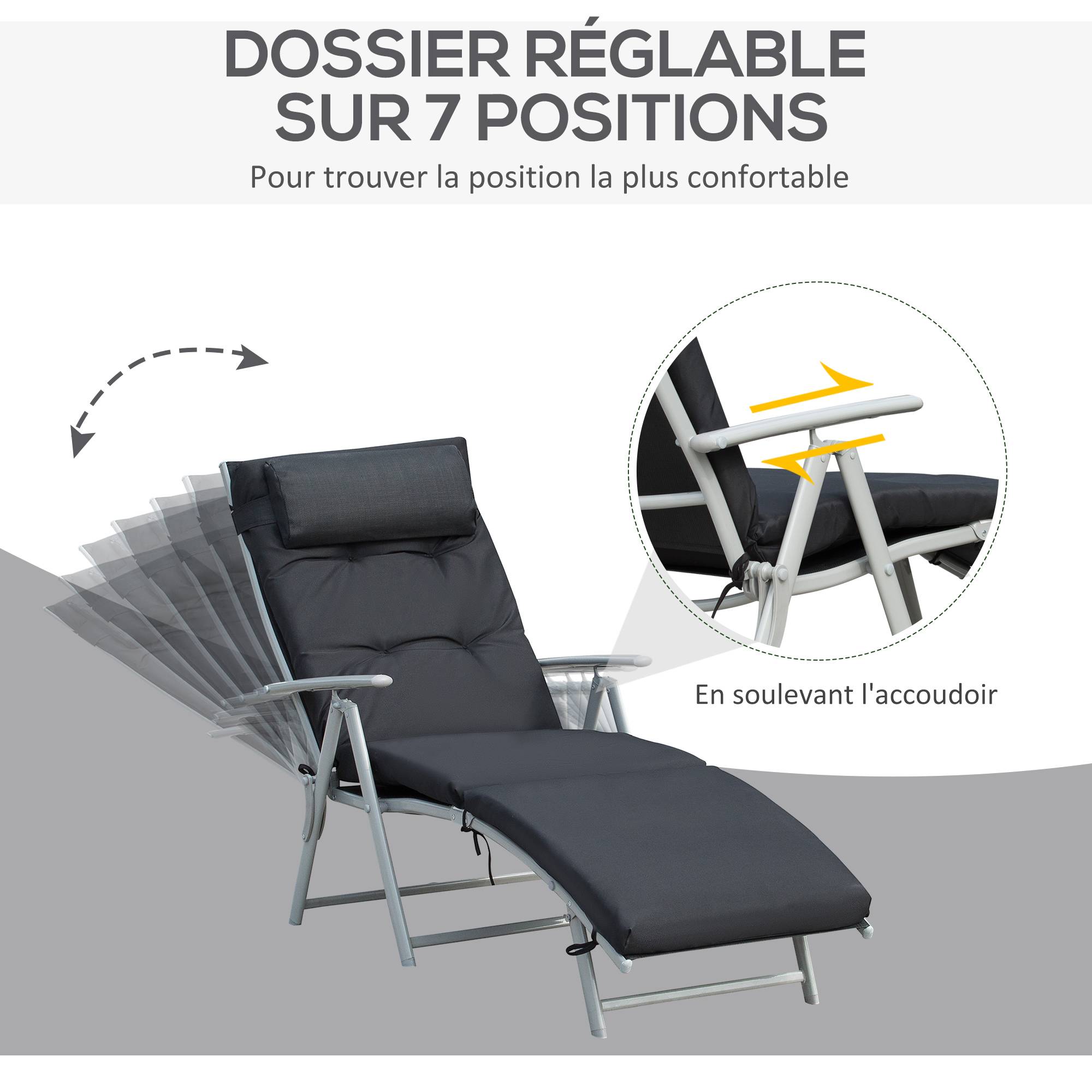 Bain de Soleil Pliable transat inclinable 7 Positions Chaise Longue - 137x63.5x100.5cm Métal Noir fr29 - Image 4