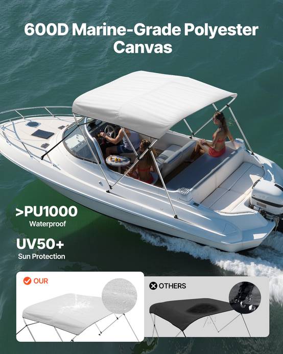 VEVOR Bimini bateau taud de soleil à 3 arceaux 185-198 cm en alu polyester gris - Image 2