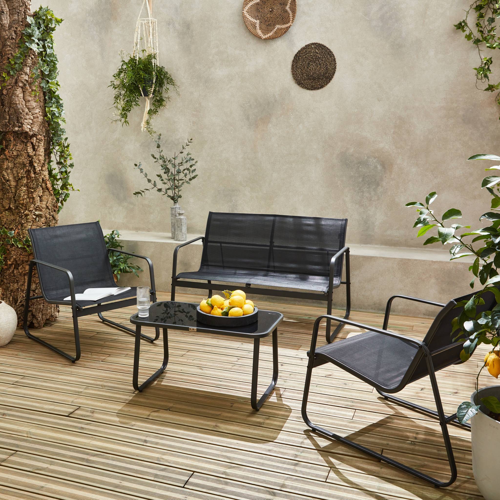 sweeek - Salon de jardin en métal et textilène pour 4 personnes. gris foncé et noir. design | sweeek - Image 3