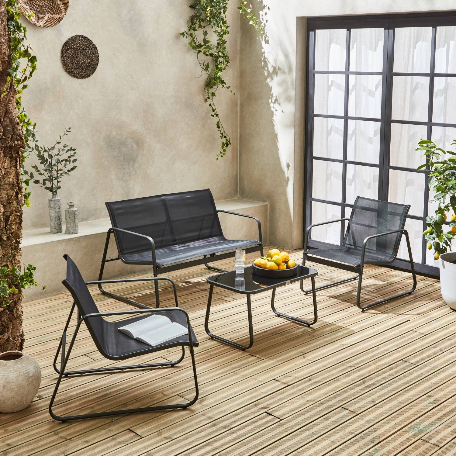 sweeek - Salon de jardin en métal et textilène pour 4 personnes. gris foncé et noir. design | sweeek - Image 1