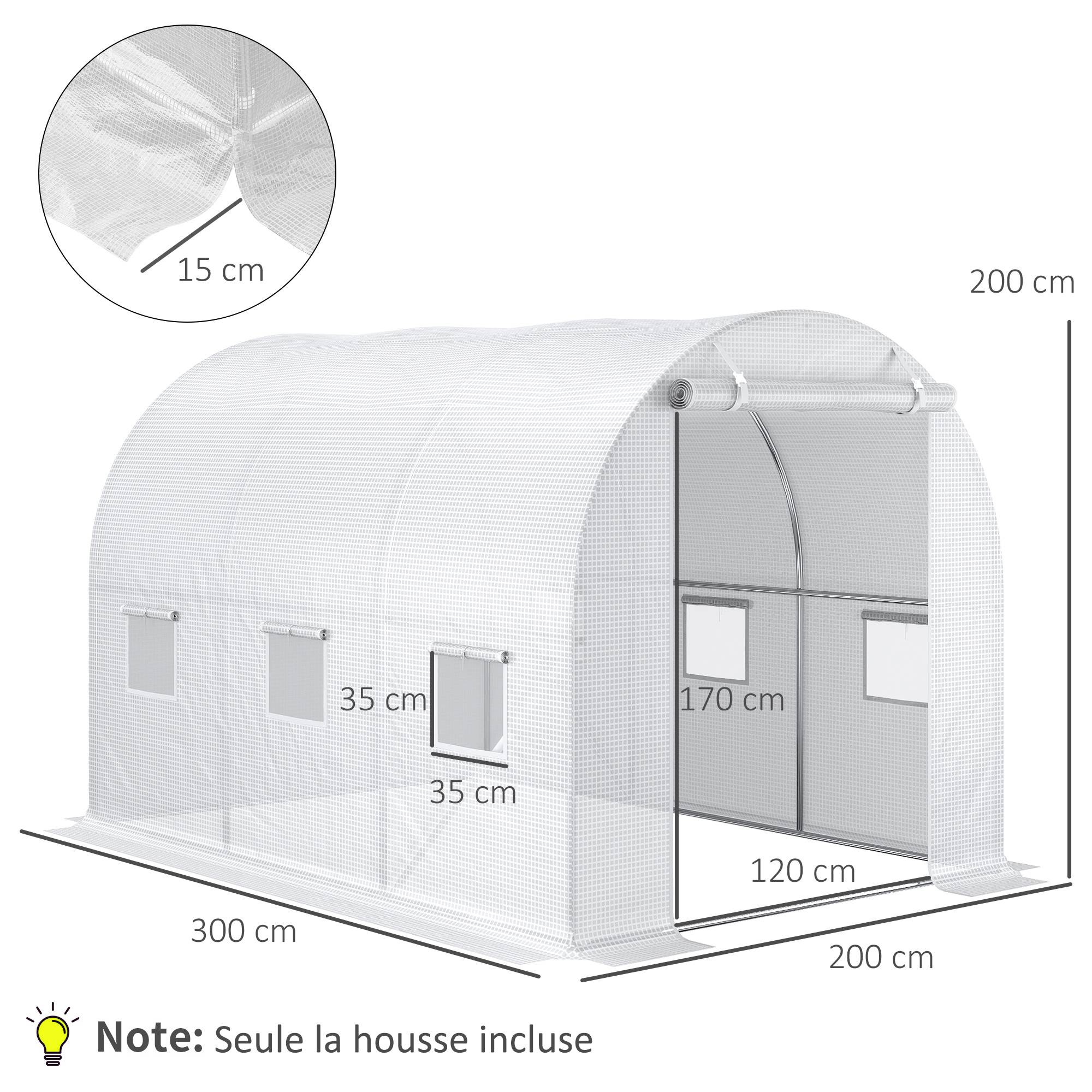 ComfortXL - Bâche de rechange serre tunnel PE 300 x 200 x 200 cm blanc 6 fenêtres porte zippée - ComfortXL Outdoor Living - Image 5